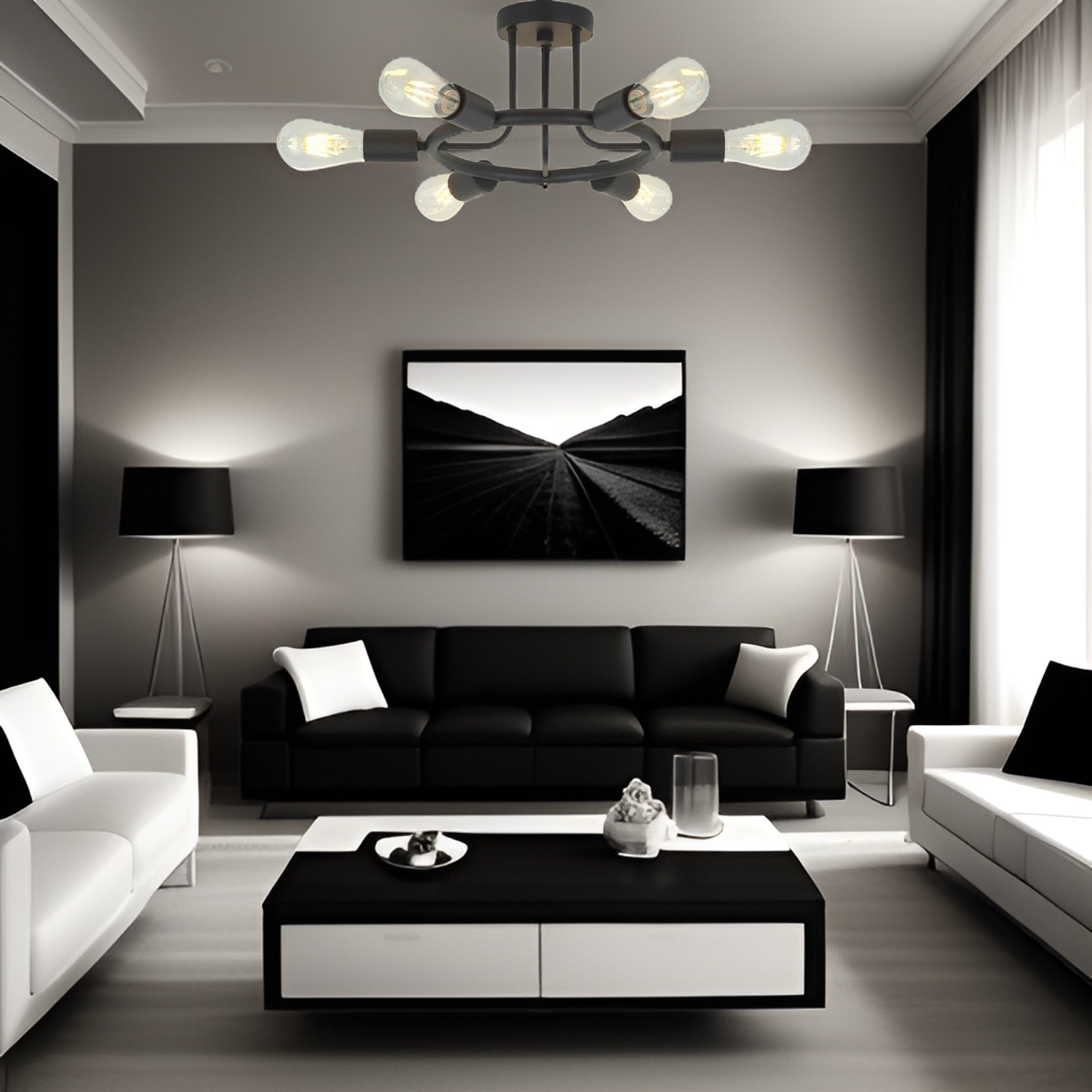 6 Light Modern Sputnik Lights Semi Flush Mount Ceiling Light Black Finished - Korvel