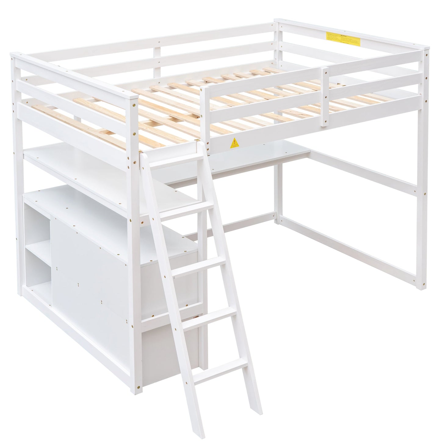 Cama loft de tamaño completo con escritorio y estantes, dos cajones incorporados