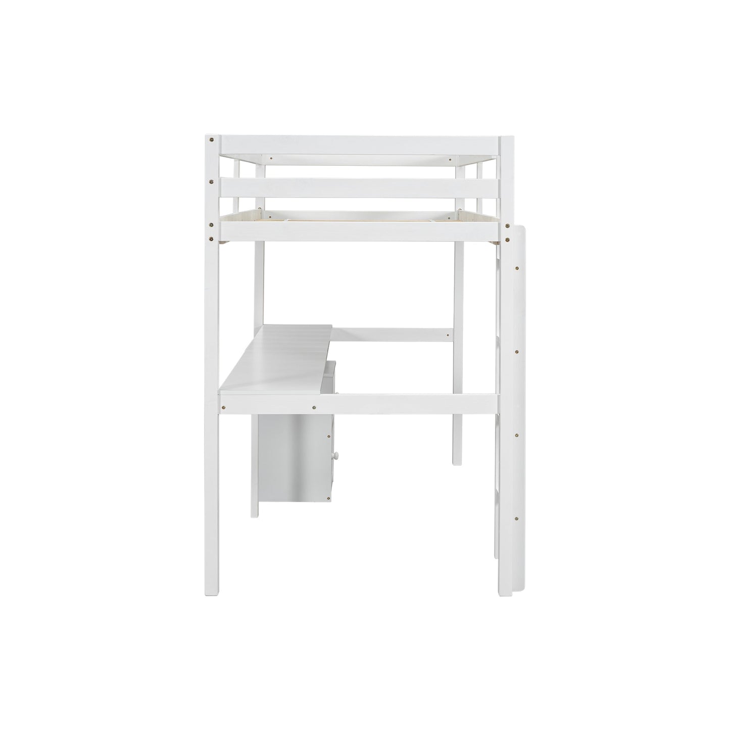 Twin Loft Wood Bed with Under-bed, Built-in Desk, a Storage Cabinet of 2 Drawers, Guardrails, Ladder,White - Korvel