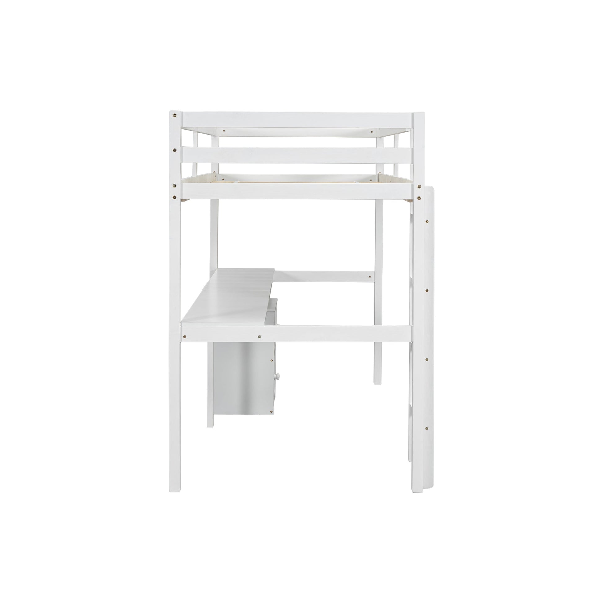 Twin Loft Wood Bed with Under-bed, Built-in Desk, a Storage Cabinet of 2 Drawers, Guardrails, Ladder,White - Korvel
