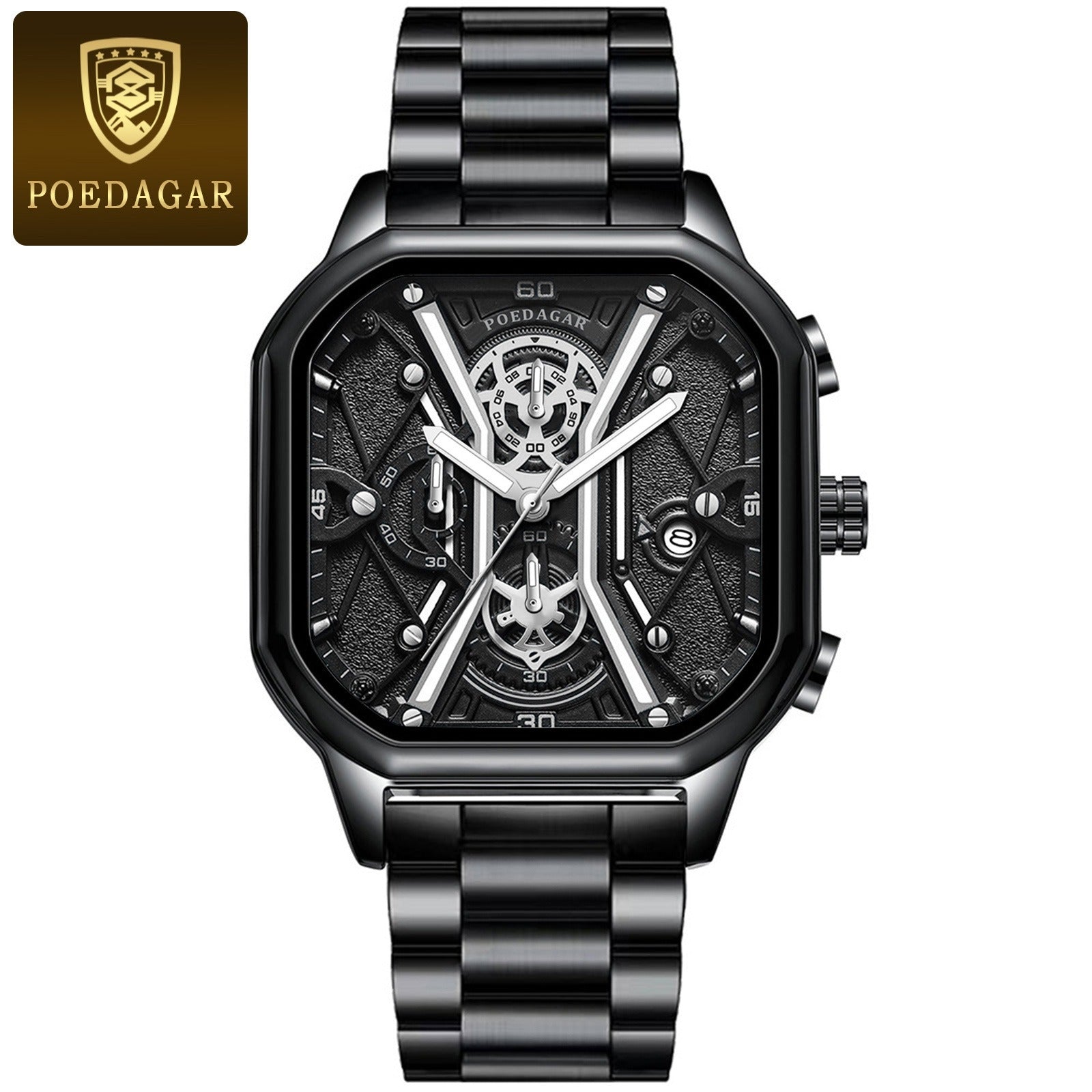 POEDAGAR Fashion Men Luxury Wristwatches Chronograph Luminous Waterproof Date Man Watch Square Dial Leather Quartz Men's Watches - Korvel