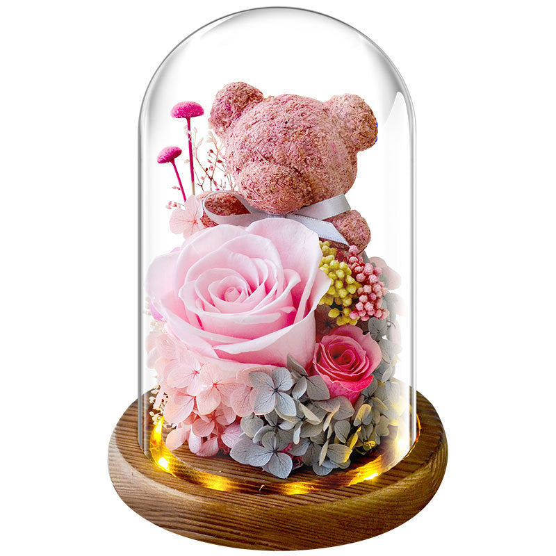 Valentine's Day Gift Everlasting Flower Bear Moss Glass Cover Finished Gift Box for Girlfriend Birthday Ornament Dried Flowers Roses - Korvel