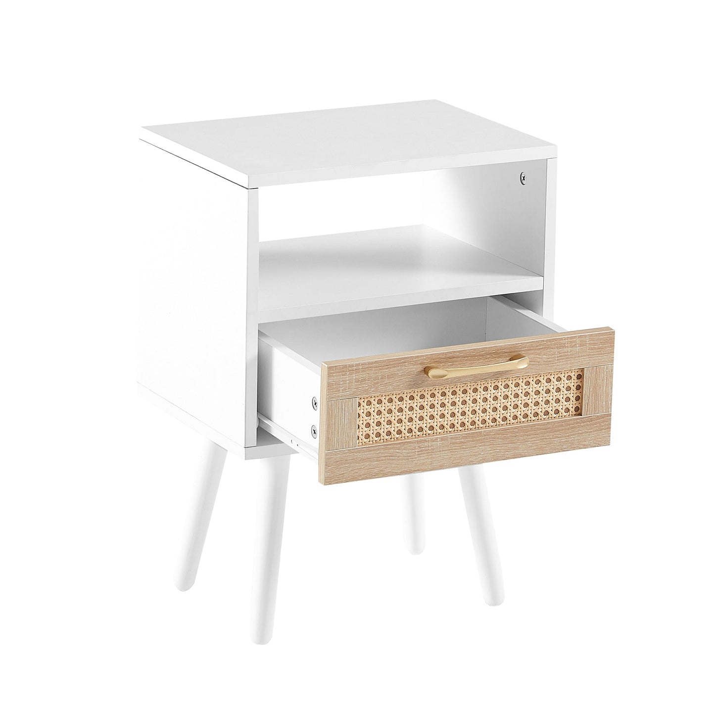 Table d'appoint en rotin blanc de 15,75" avec tiroir et pieds en bois massif