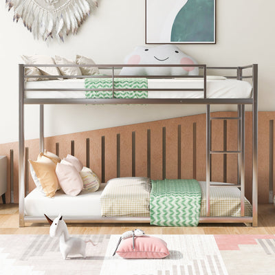 Twin over Twin Metal Bunk Bed, Low Bunk Bed with Ladder Silver - Korvel