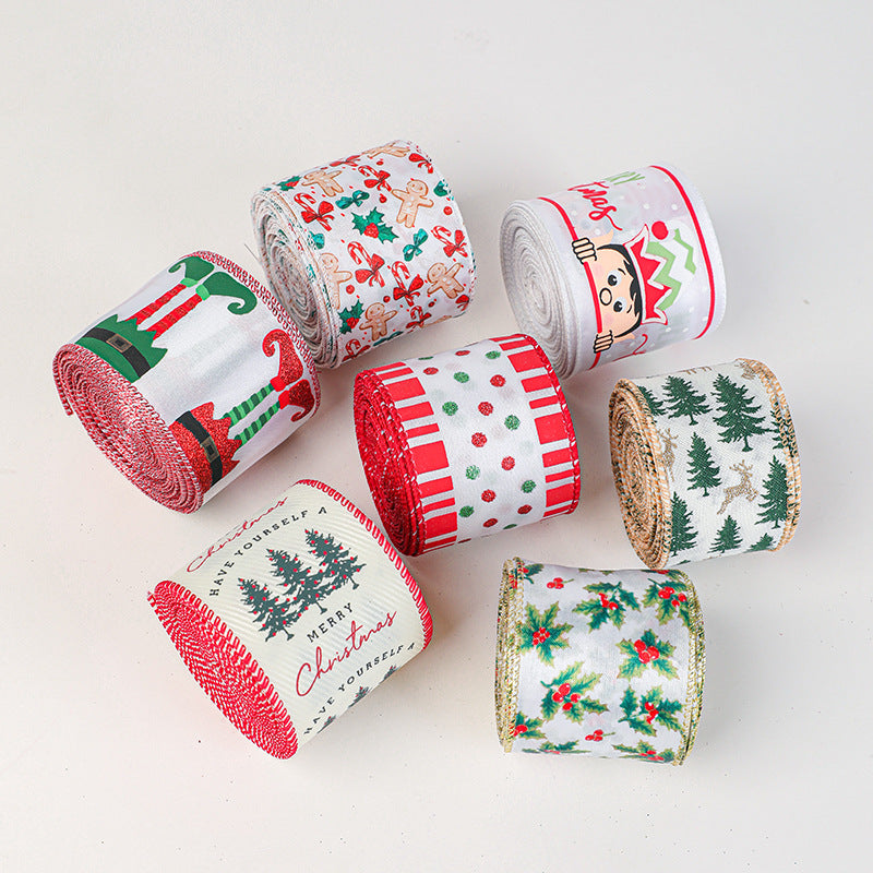 Christmas decoration ribbon, cedar pattern printed ribbon, bow tie, Christmas decoration ribbon, holiday ribbon - Korvel