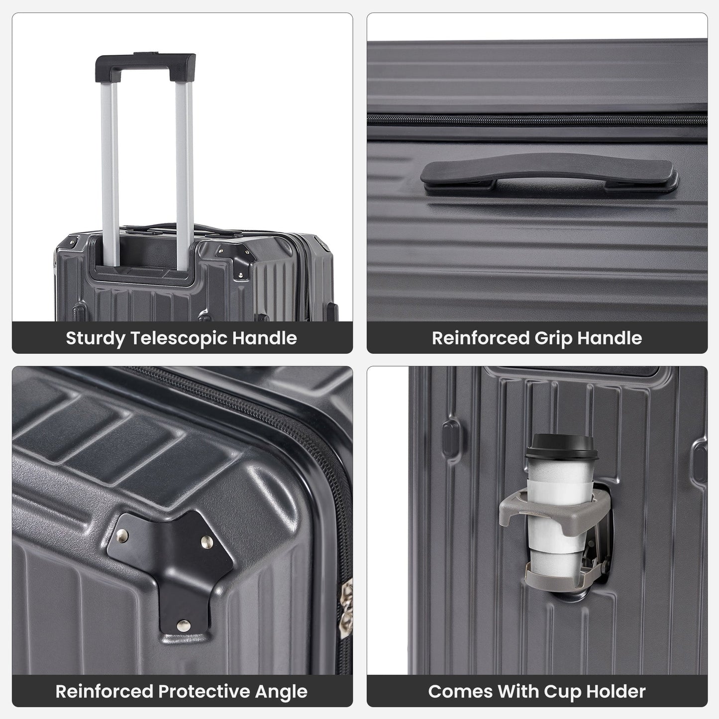 Luggage Set 4 pcs (20"/24"/29"/Travel Bag), PC+ABS Durable Lightweight Luggage with Collapsible Cup Holder, TSA Lock, Gray - Korvel