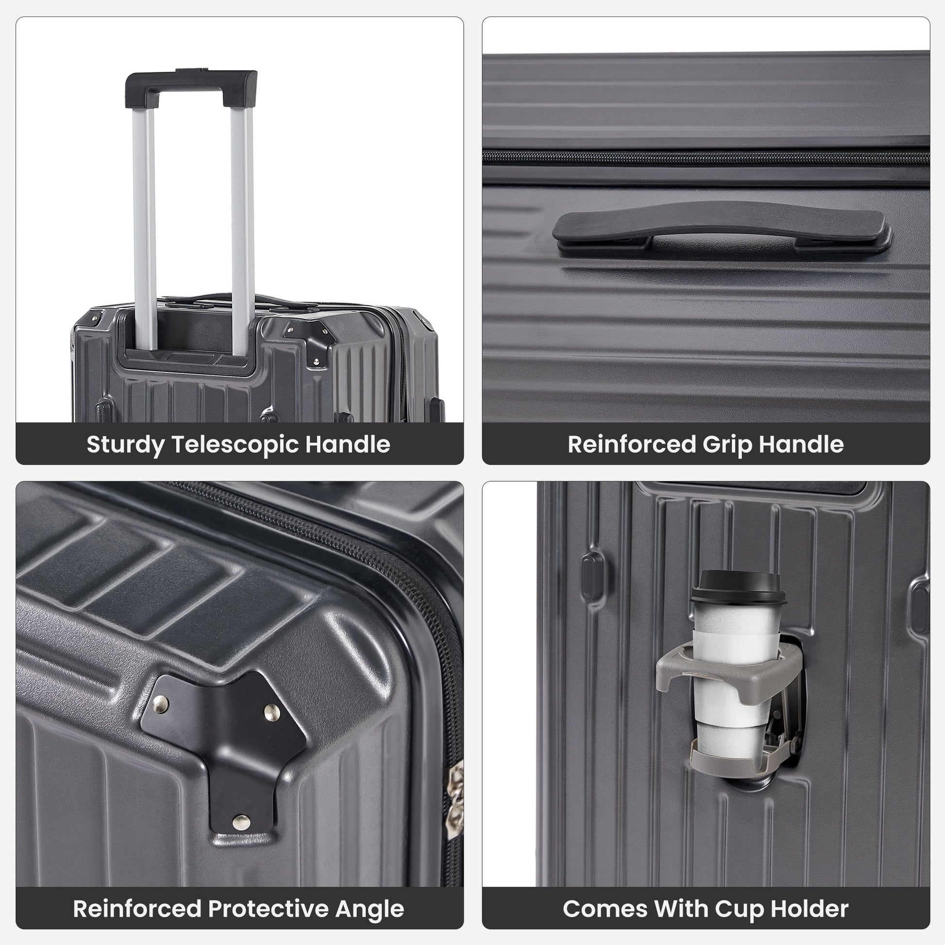 Luggage Set 4 pcs (20"/24"/29"/Travel Bag), PC+ABS Durable Lightweight Luggage with Collapsible Cup Holder, TSA Lock, Gray - Korvel