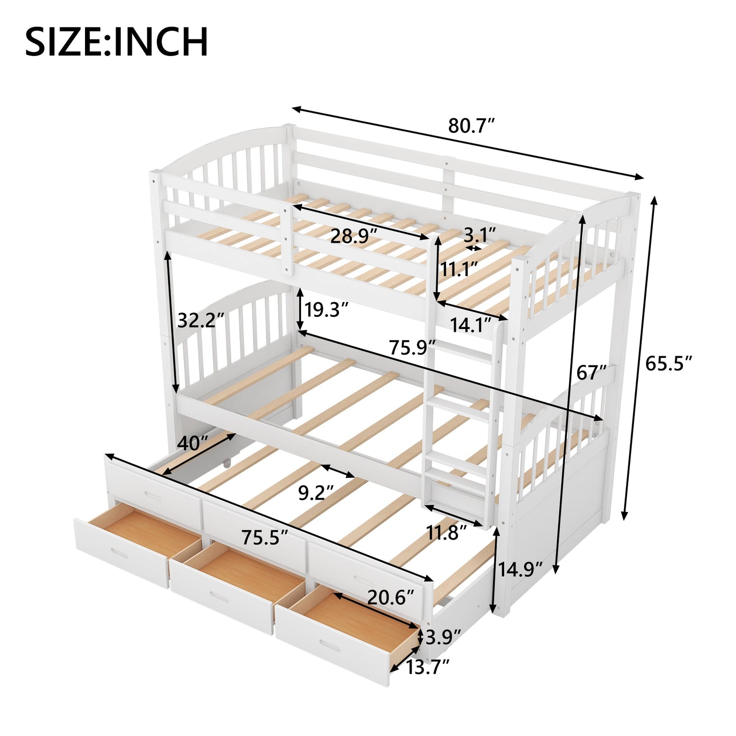 Twin over Twin Wood Bunk Bed with Trundle and Drawers White - Korvel