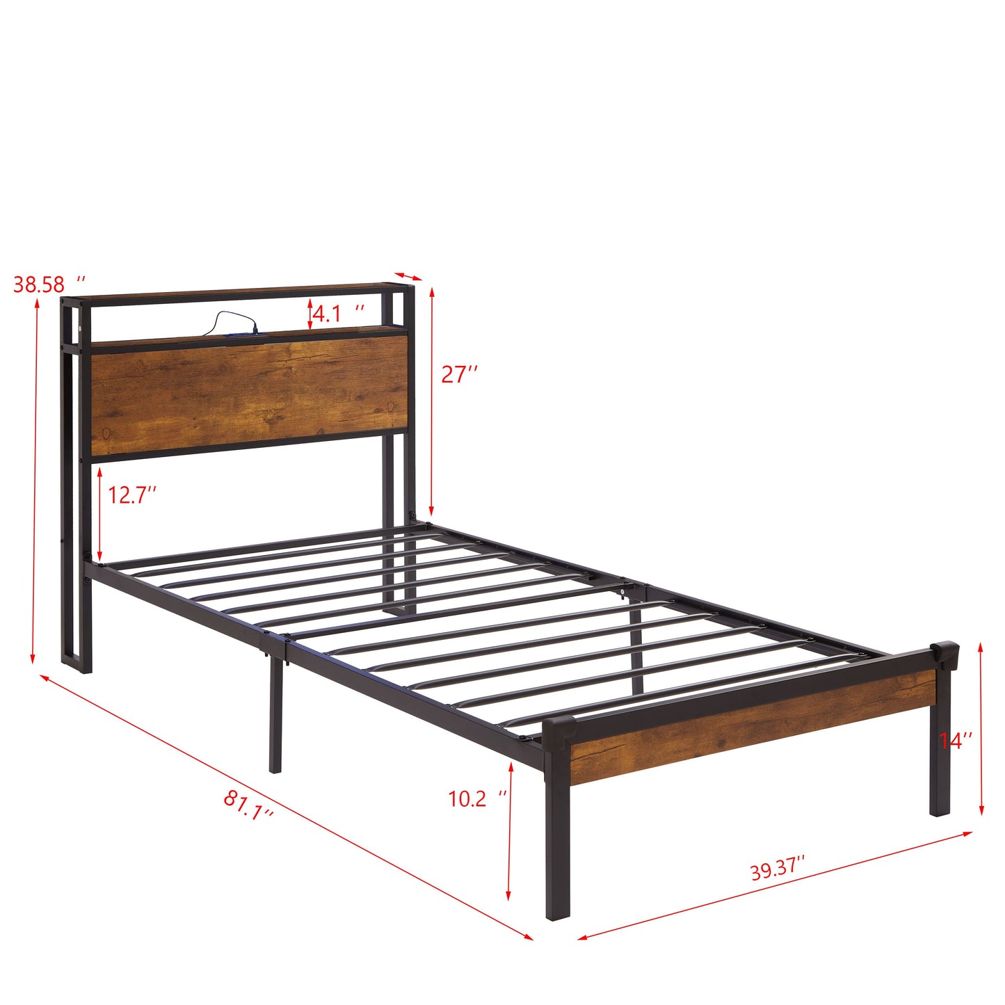 Dual size metal platform bed frame with wooden headboard and footrest, USB LINER, LED lights - Korvel