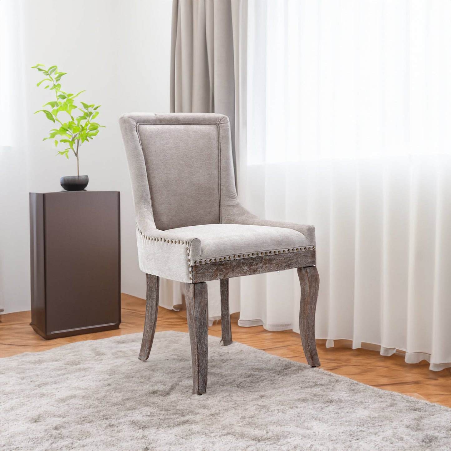 Ultra Side Dining Chair Thickened fabric chairs with neutrally toned solid wood legs  Bronze nail head Set of 2 Beige - Korvel