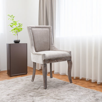 Ultra Side Dining Chair Thickened fabric chairs with neutrally toned solid wood legs  Bronze nail head Set of 2 Beige - Korvel