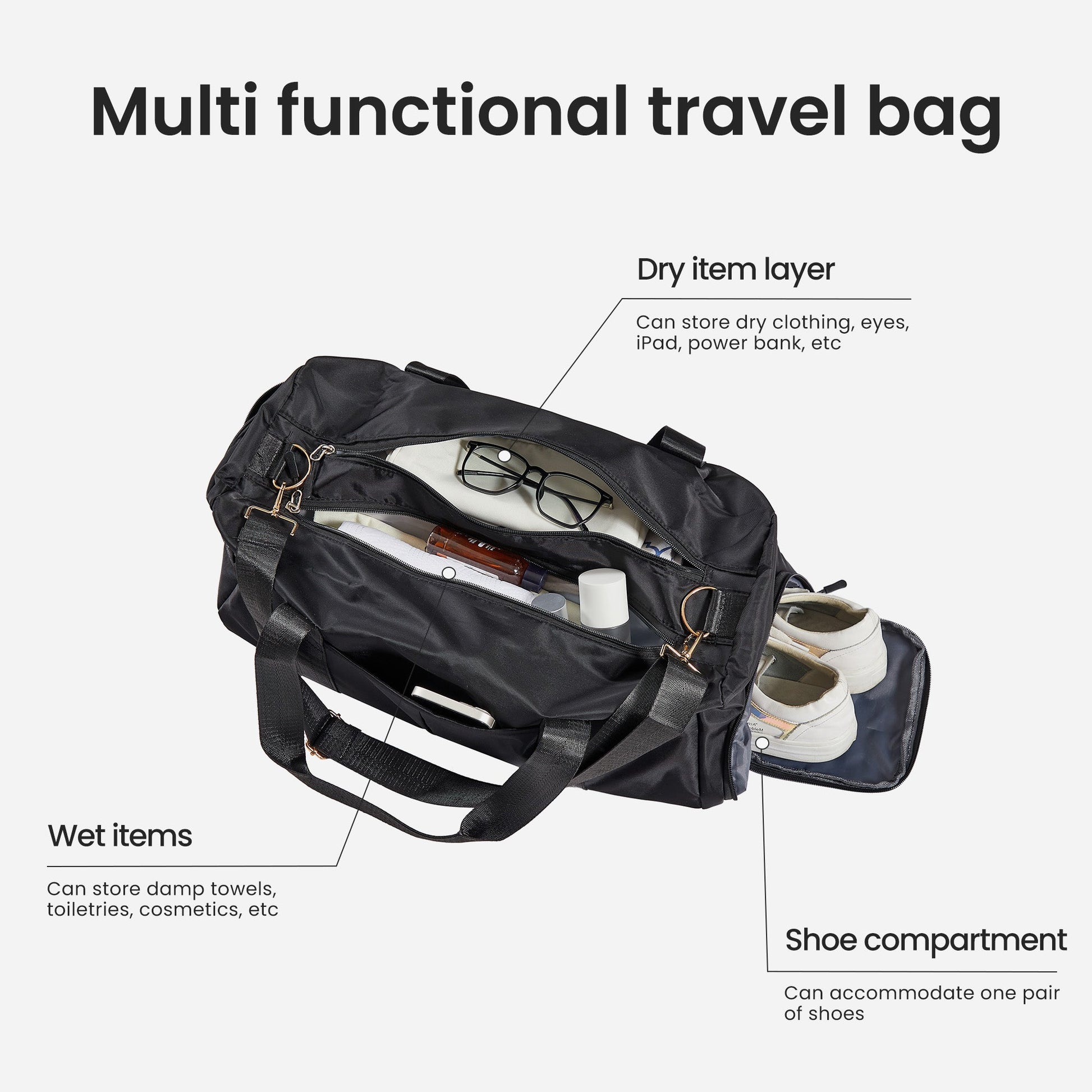 Luggage Set 4 pcs (20"/24"/29"/Travel Bag), PC+ABS Durable Lightweight Luggage with Collapsible Cup Holder, TSA Lock, Gray - Korvel