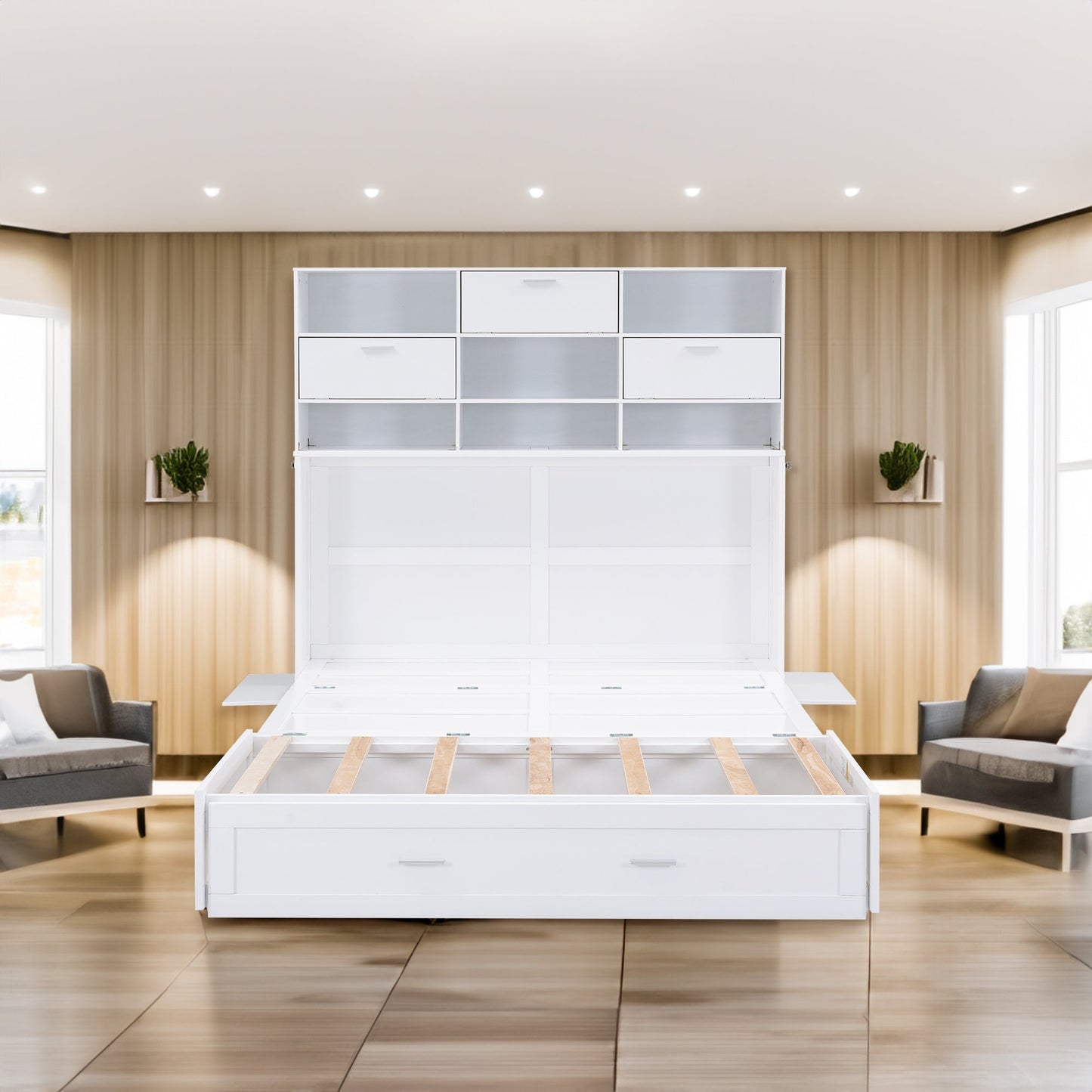 ueen Size Murphy Bed with Bookcase, Bedside Shelves and a Big Drawer, White - Korvel