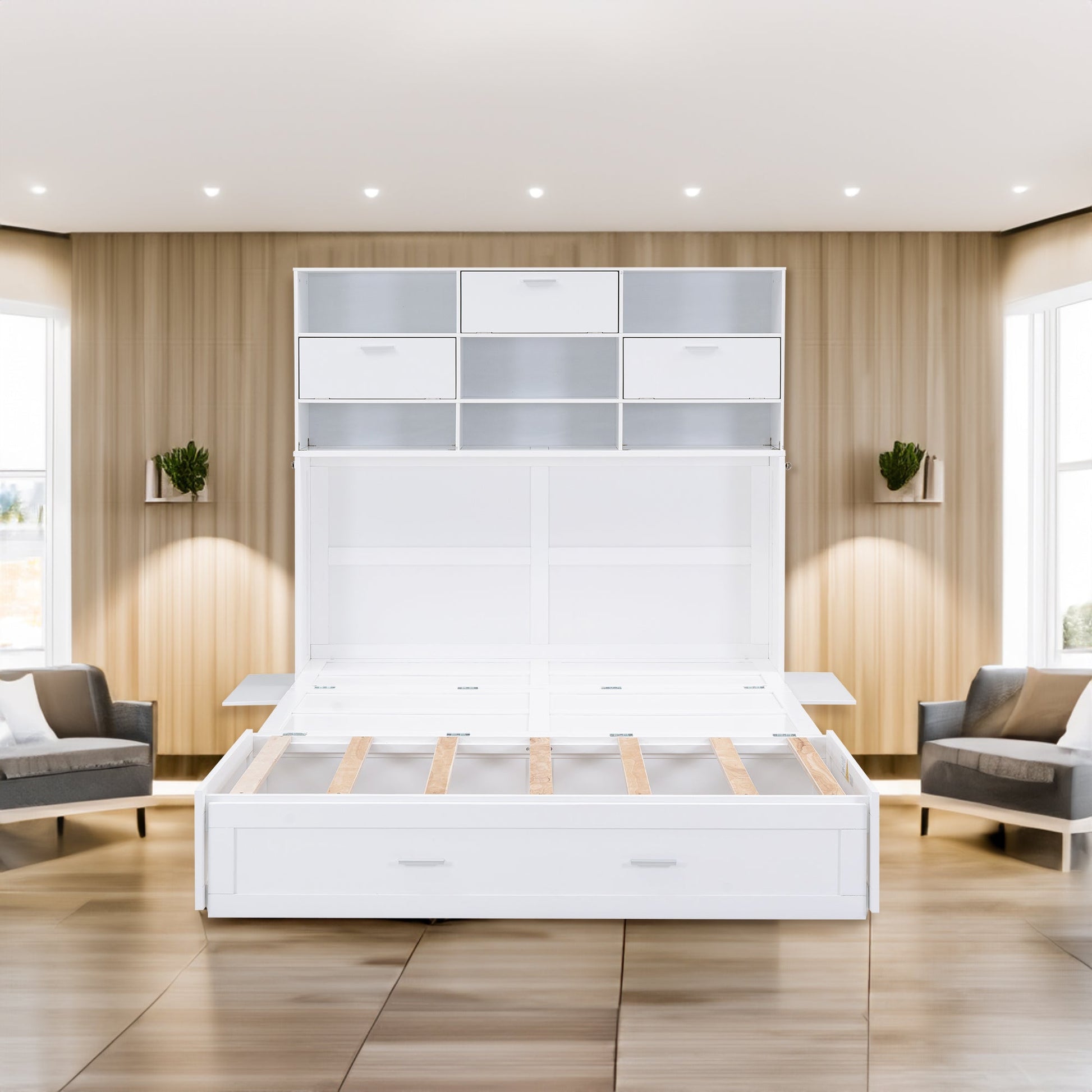 ueen Size Murphy Bed with Bookcase, Bedside Shelves and a Big Drawer, White - Korvel