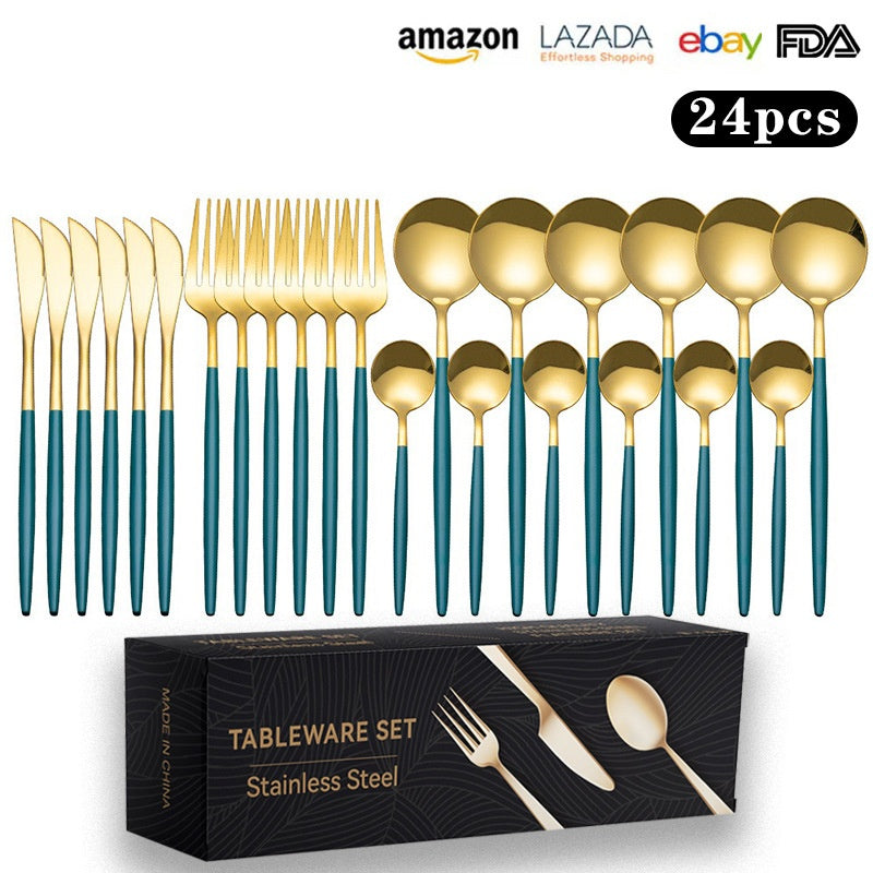 Cutlery Set Stainless Steel Knife Fork Set 24-Piece Tableware Set Golden Steak Knife Fork Spoon 6-Person Set - Korvel