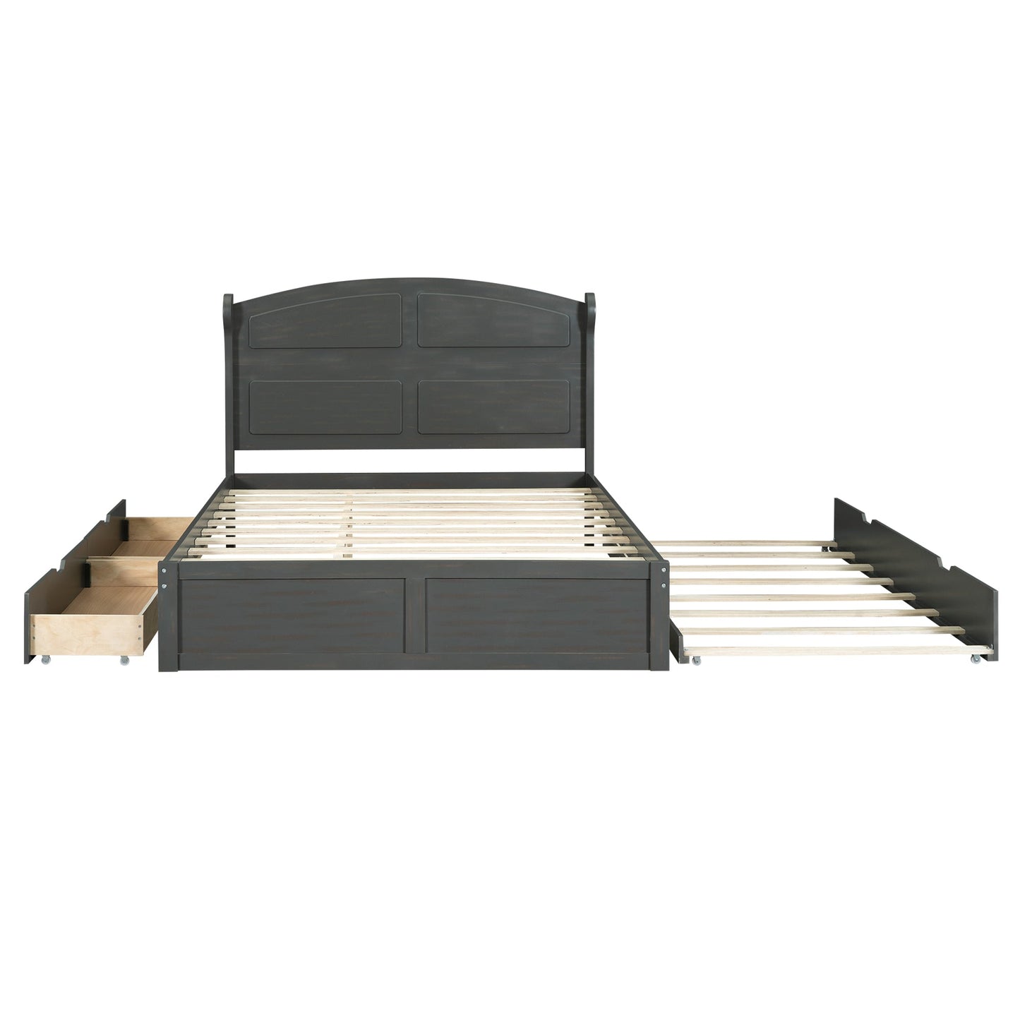 Wood Queen Size Platform Bed with Twin Size Trundle and 2 Drawers  Antique Gray - Korvel