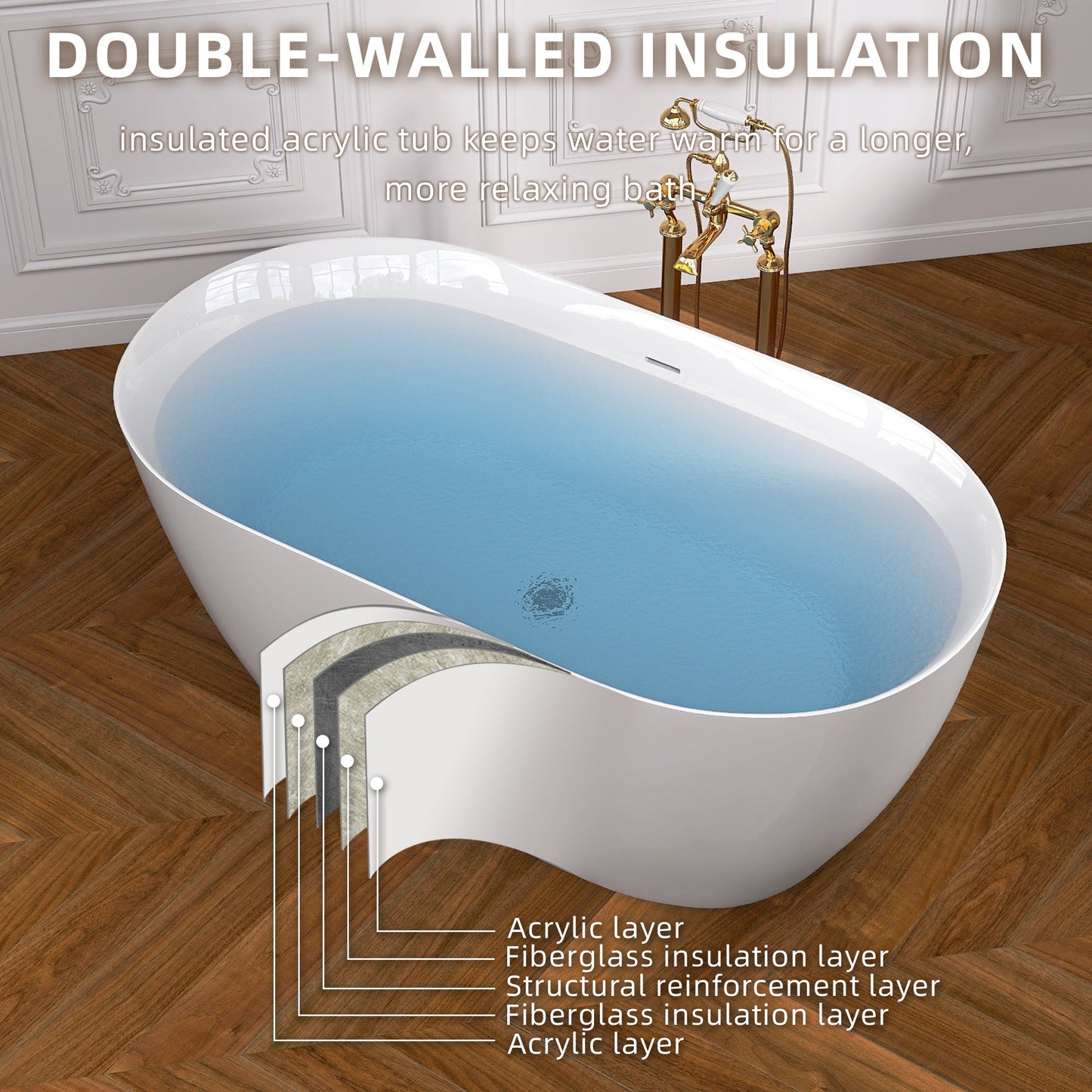 51 Inch Acrylic Freestanding Bathtub Contemporary Soaking White Tub with Overflow and Pop-up Drain Glossy White - Korvel