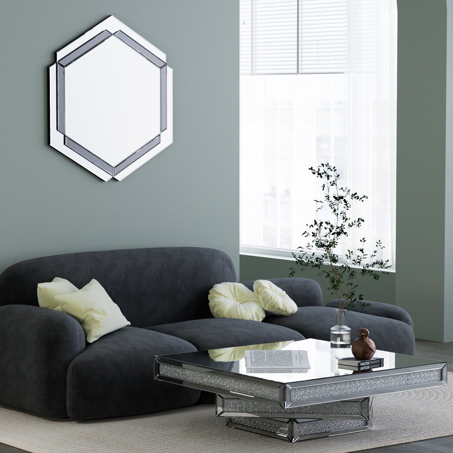 Espejo de Pared Redondo Decorativo Plateado Elegante - 28 x 31.5 Pulgadas