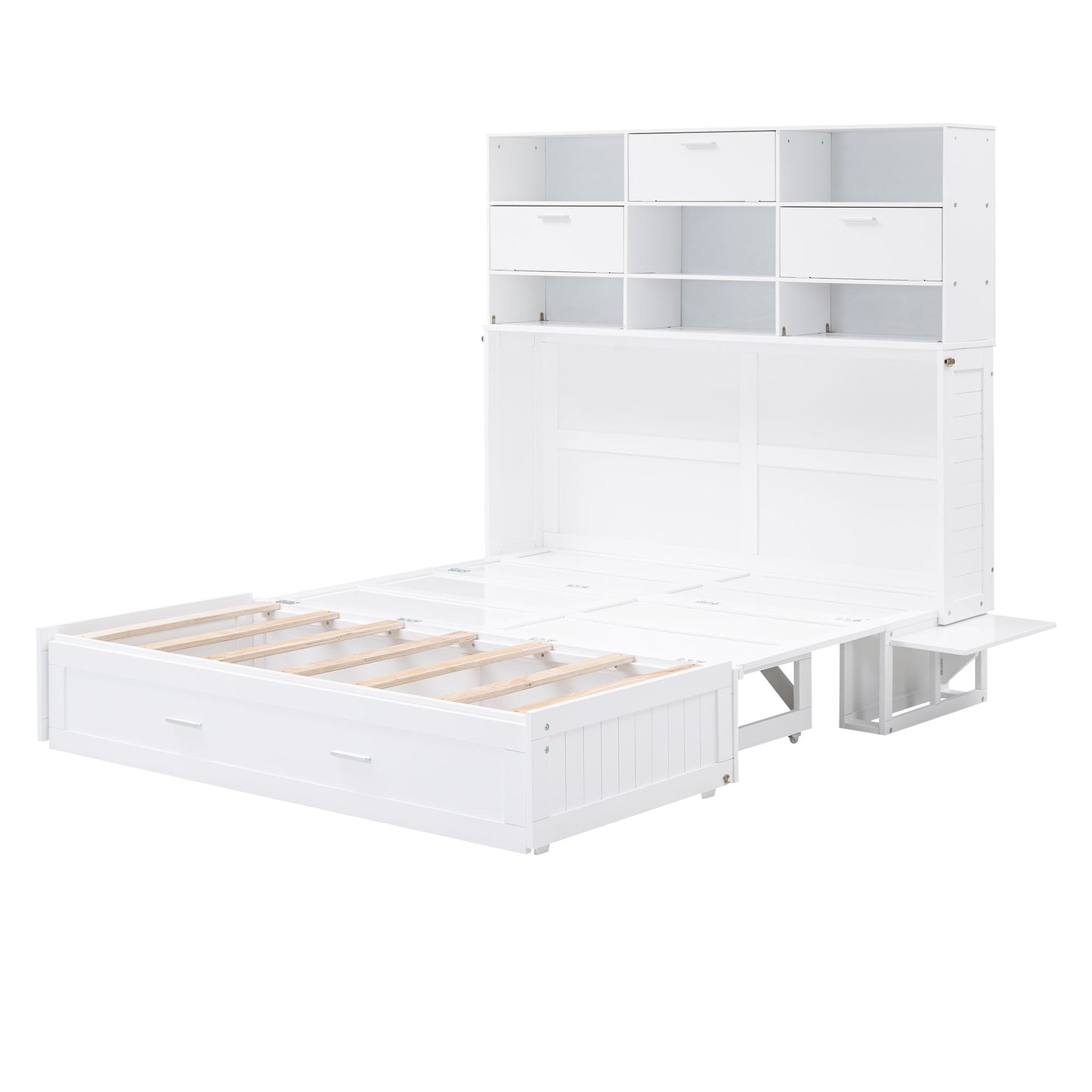 ueen Size Murphy Bed with Bookcase, Bedside Shelves and a Big Drawer, White - Korvel