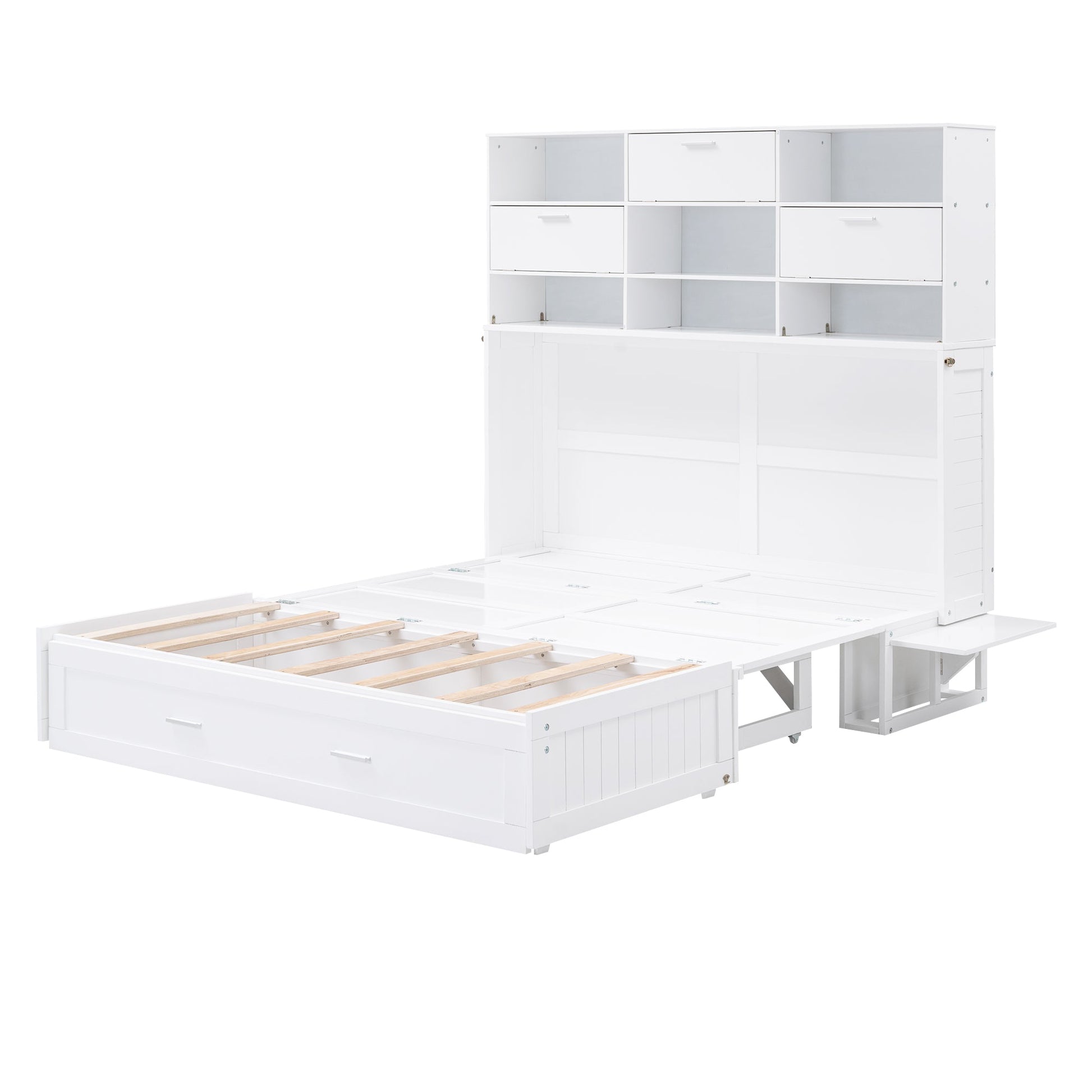 ueen Size Murphy Bed with Bookcase, Bedside Shelves and a Big Drawer, White - Korvel
