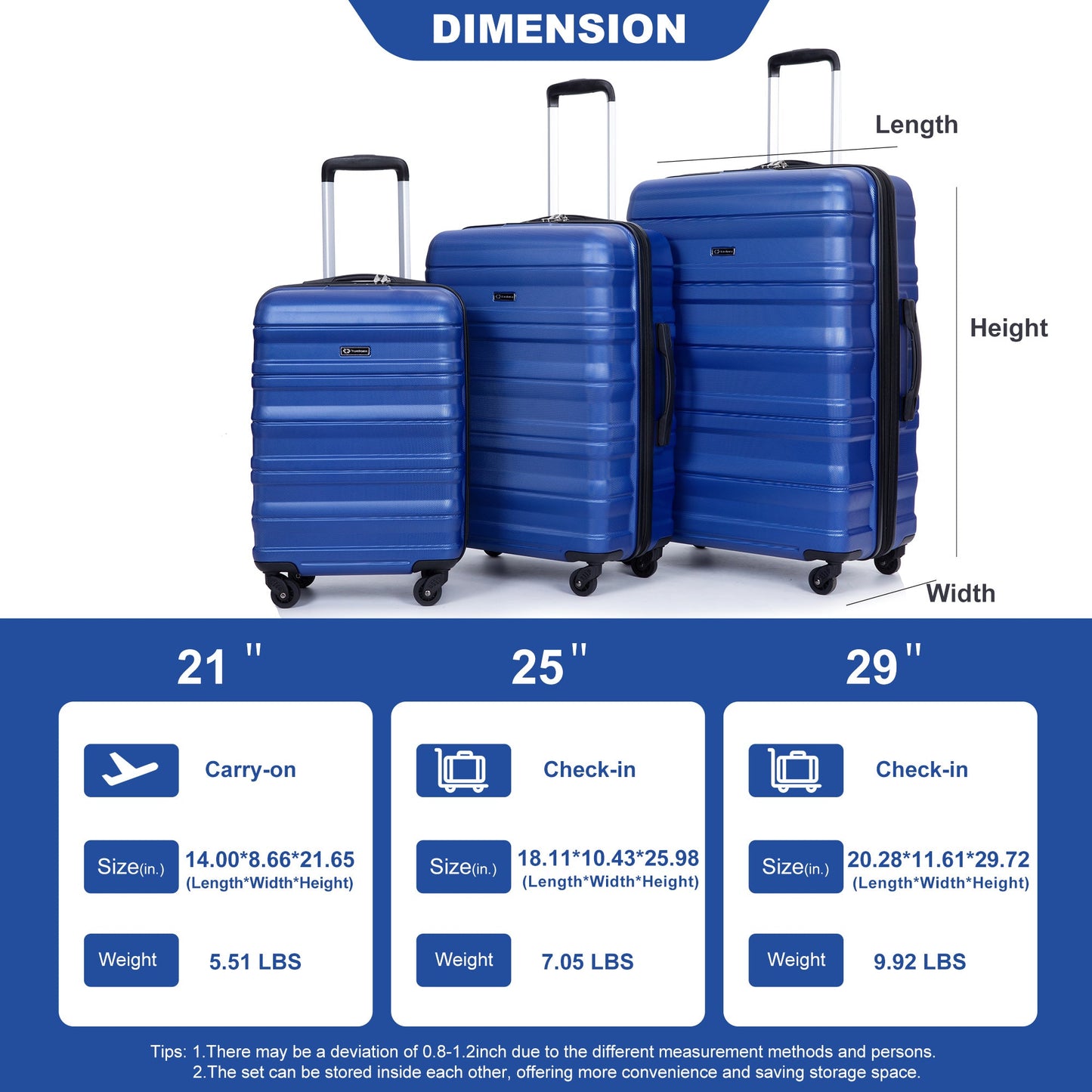 3 Piece Luggage Sets PC Lightweight & Durable Expandable Suitcase with Two Hooks, Spinner Wheels, TSA Lock, (21/25/29) Dark Blue - Korvel