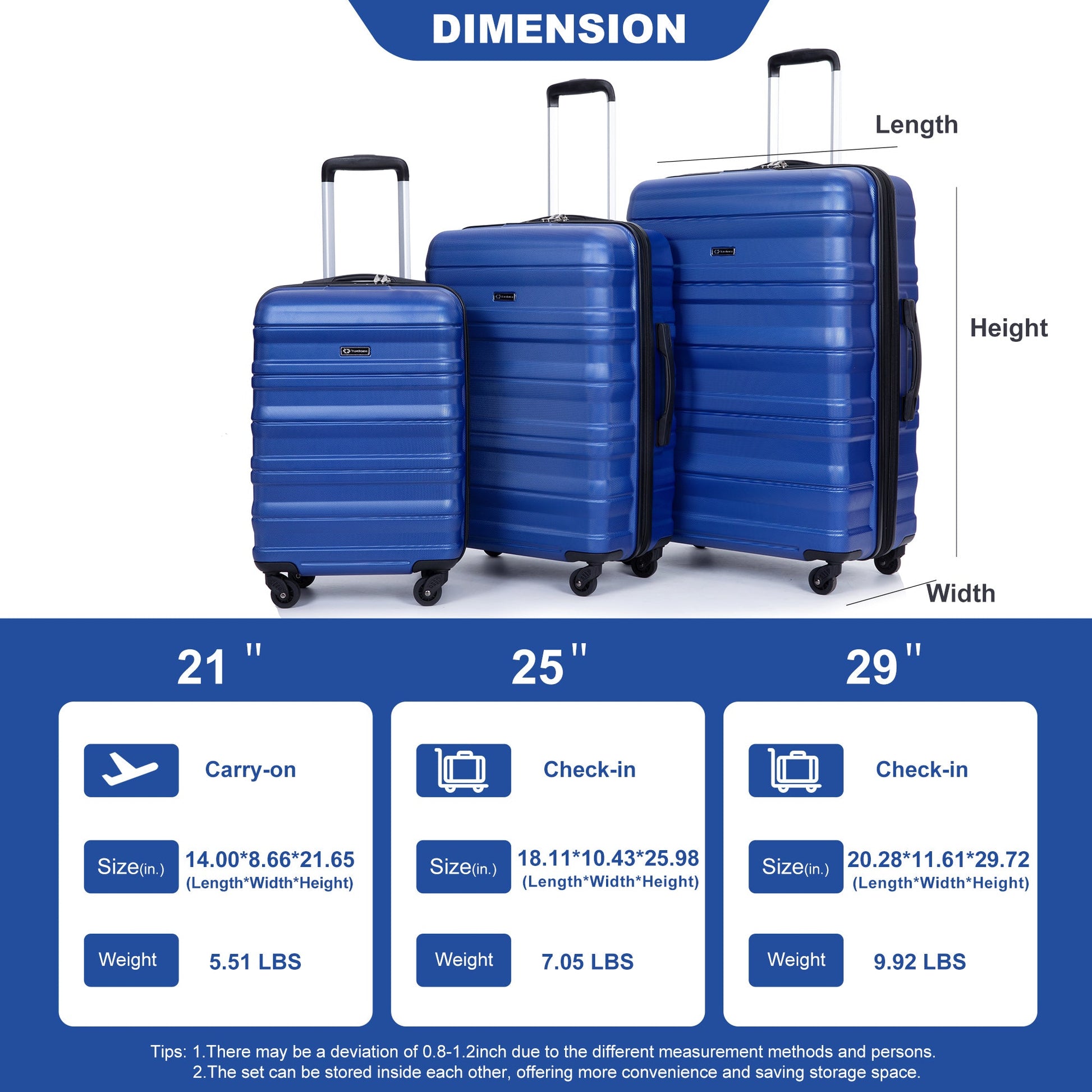 3 Piece Luggage Sets PC Lightweight & Durable Expandable Suitcase with Two Hooks, Spinner Wheels, TSA Lock, (21/25/29) Dark Blue - Korvel