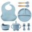 8PCS Mother and baby silicone bibs, silicone dinner plates, eight-piece set, baby food training suction cup bowl, baby divided tableware set - Korvel