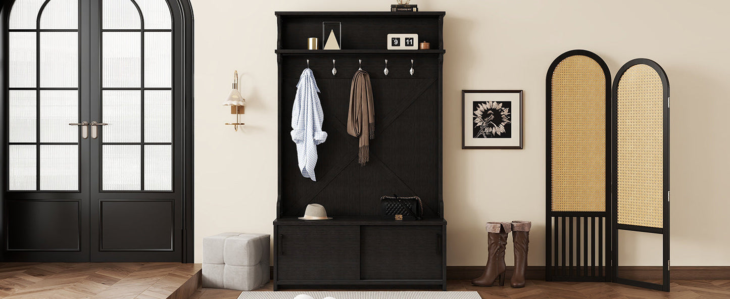 Hall tree with roof rack and storage platform, corridor shoe cabinet with sliding door, clothes hanger with 5 hooks black - Korvel