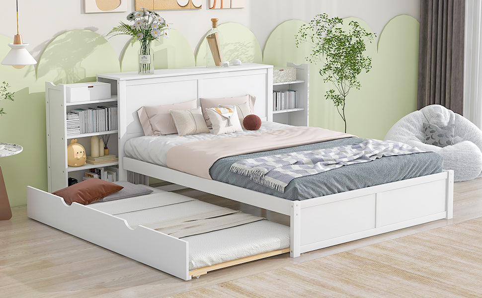 Queen Size Storage Platform Bed with Pull Out Shelves and Twin XL Size Trundle  White - Korvel