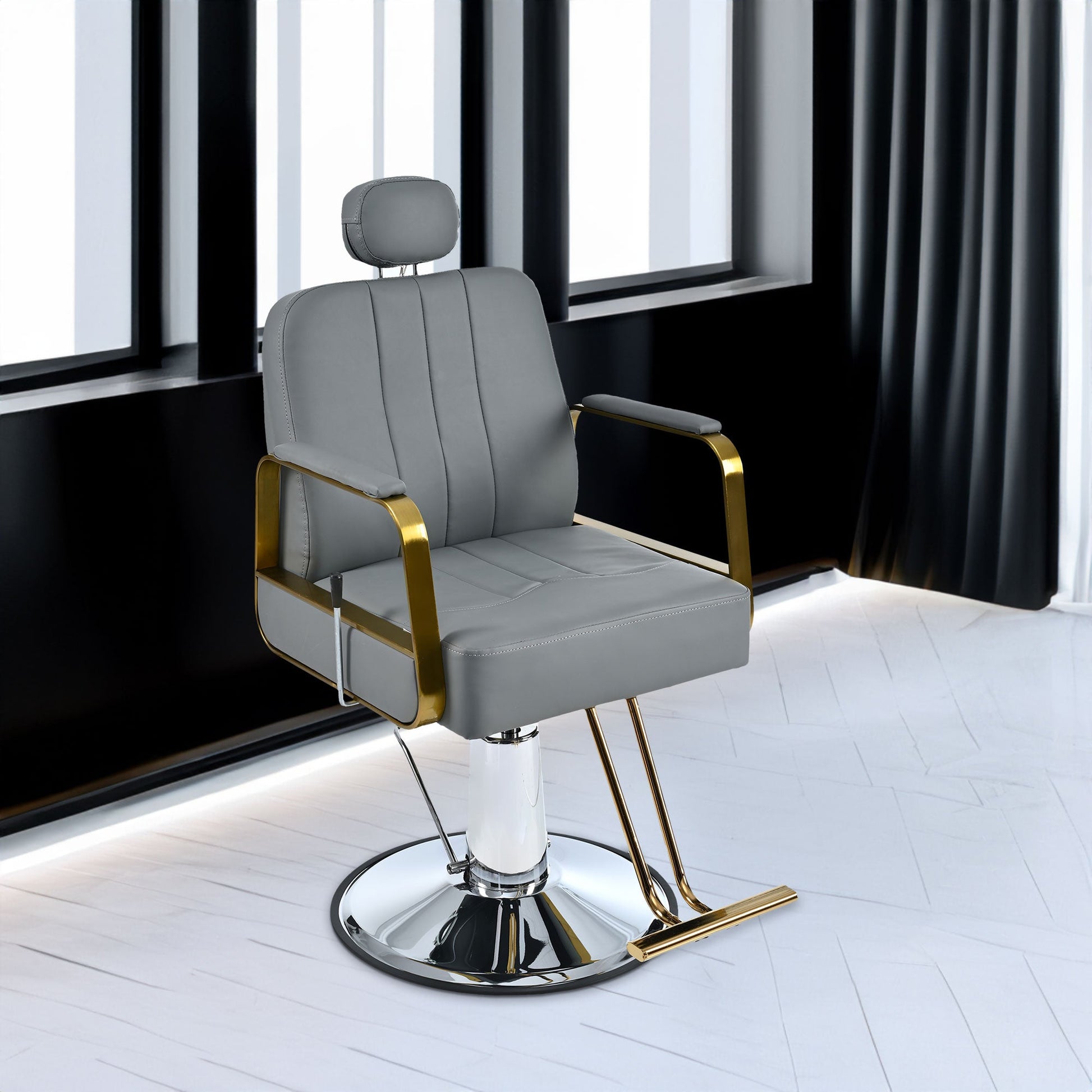 Advanced reclining hair salon chair with heavy-duty hydraulic pump, 360 ° rotation, maximum weight capacity of 400 pounds, Gray - Korvel