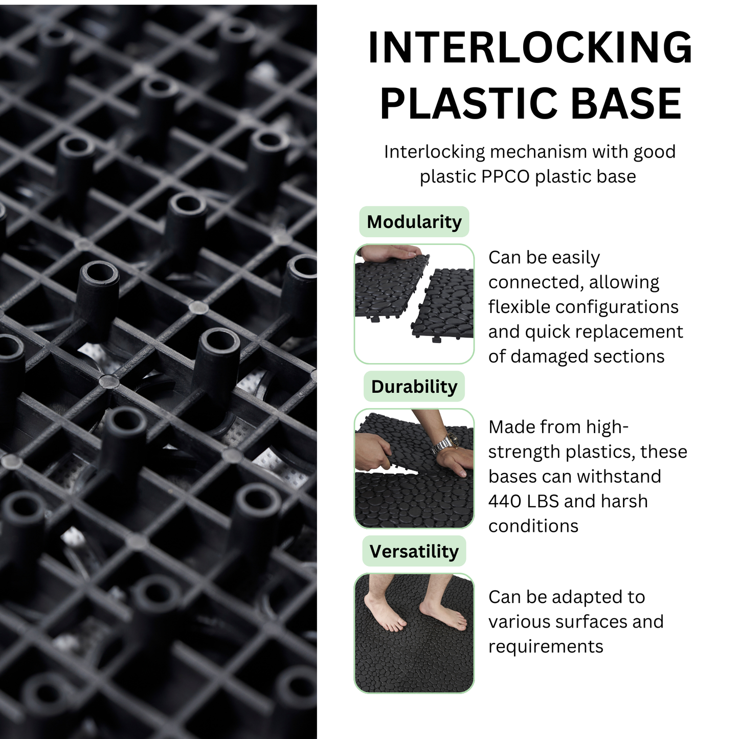 12 x 12 inch black interlocking deck tiles, plastic waterproofing, pebble pattern, pack of 12 - Korvel