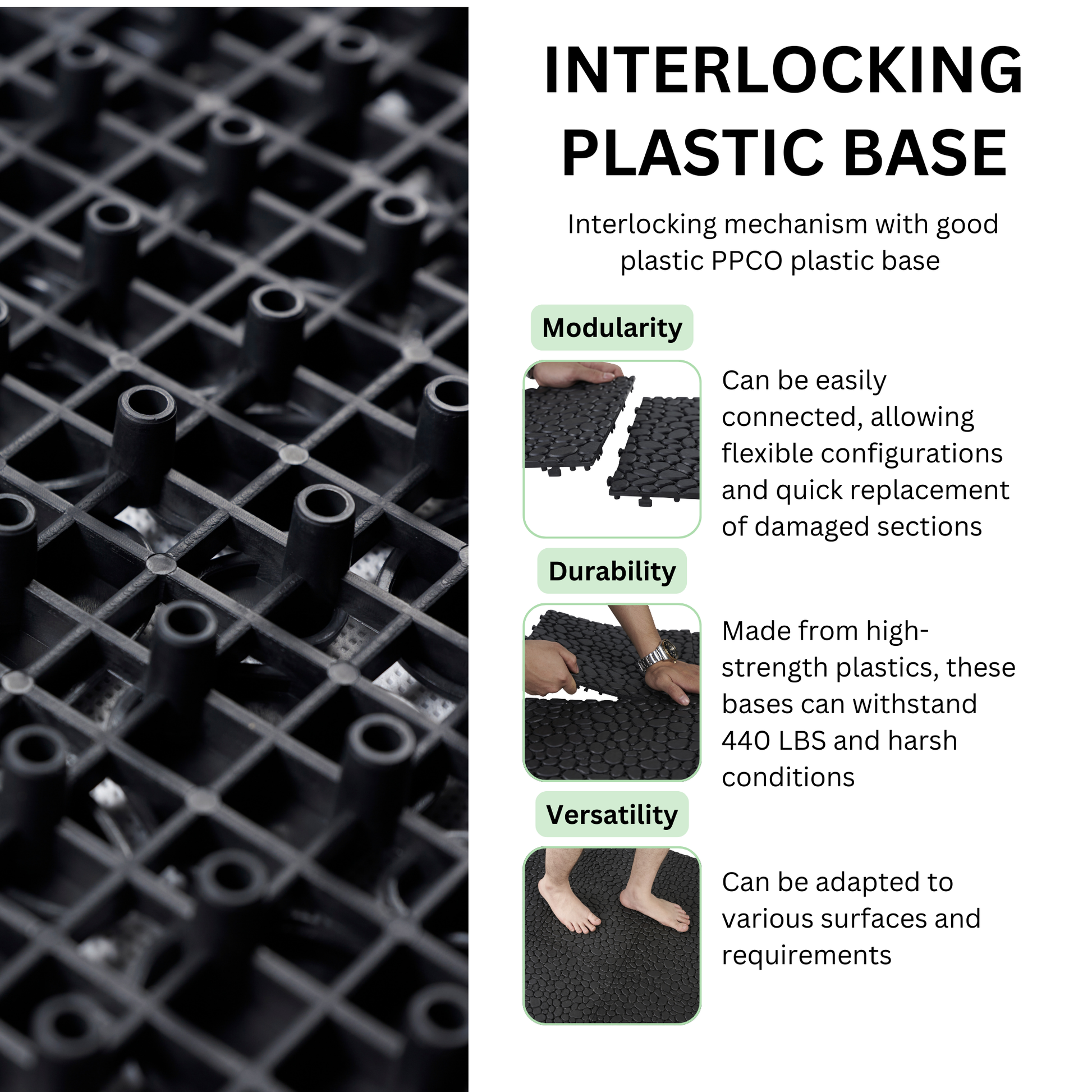 12 x 12 inch black interlocking deck tiles, plastic waterproofing, pebble pattern, pack of 12 - Korvel