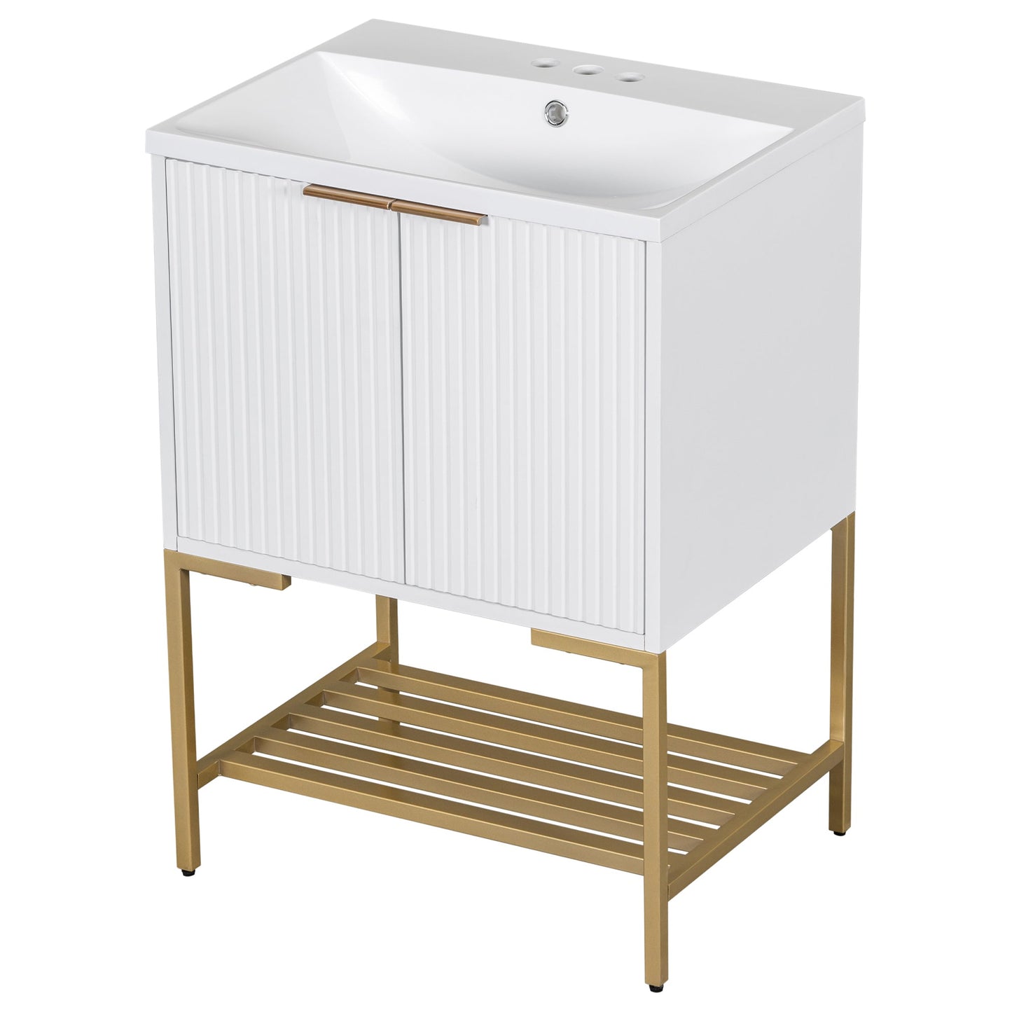 24" Bathroom Vanity with Sink, Bathroom Vanity Cabinet with Two Doors and Gold Metal Frame, Open Storage Shelf, White - Korvel
