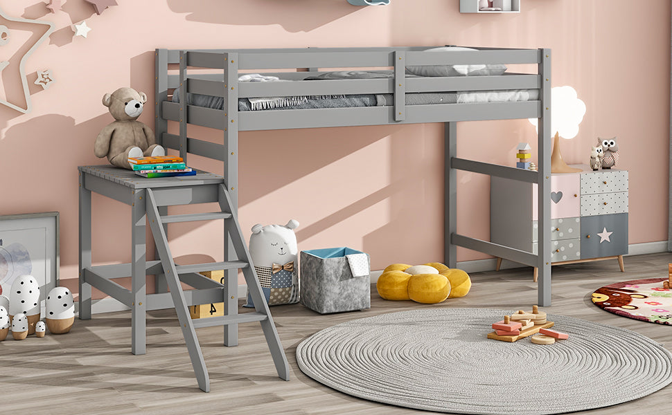 Premium Twin Loft Bed with Platform and Ladder in Grey
