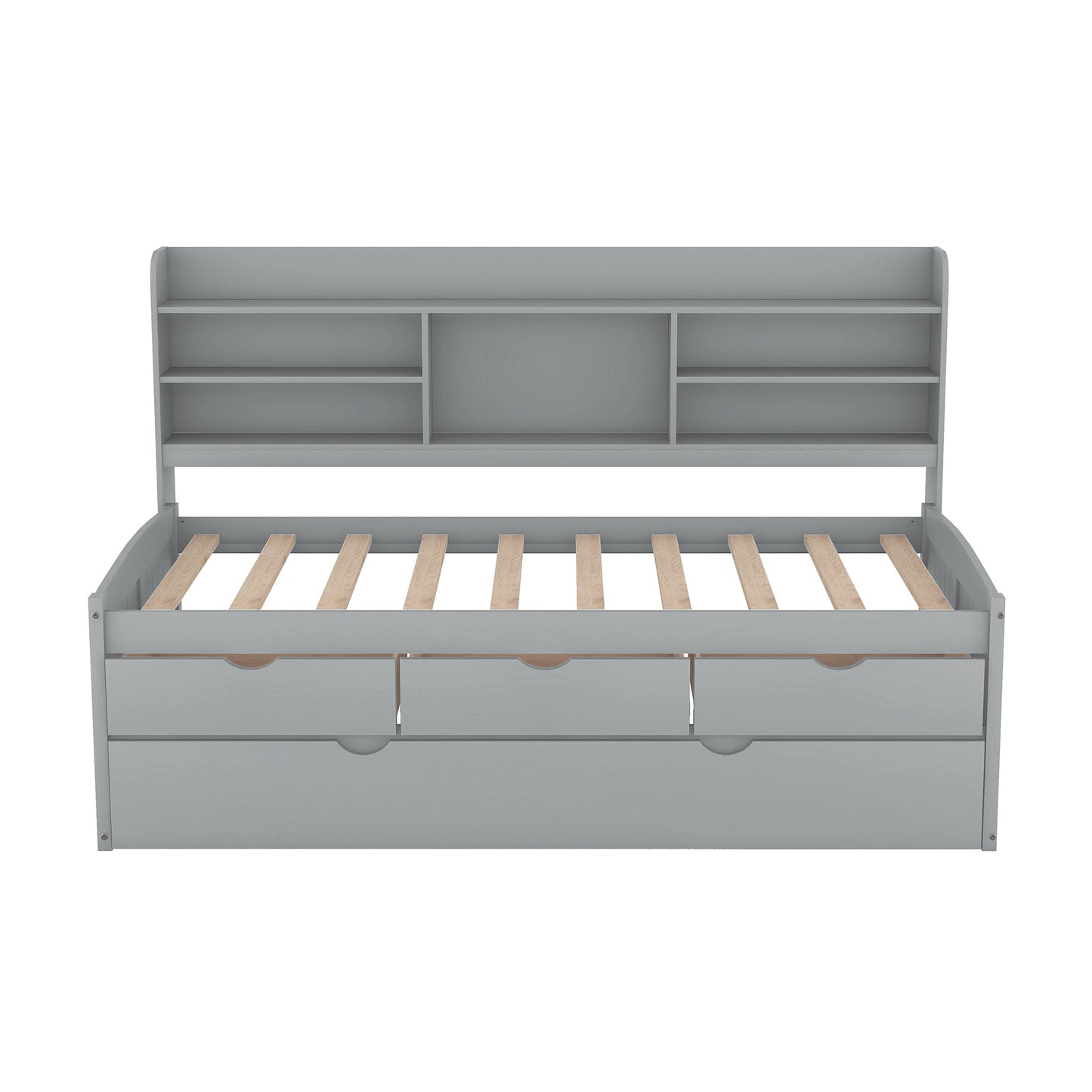 Twin Size Wooden Captain Bed with Built-in Bookshelves,Three Storage Drawers and Trundle Light Grey - Korvel