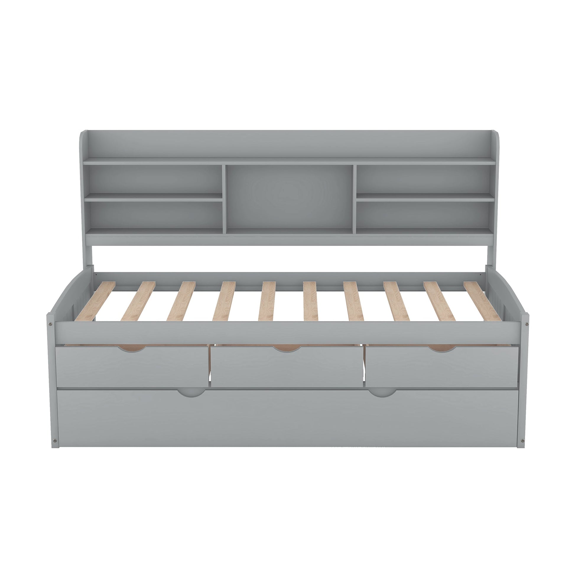 Twin Size Wooden Captain Bed with Built-in Bookshelves,Three Storage Drawers and Trundle Light Grey - Korvel