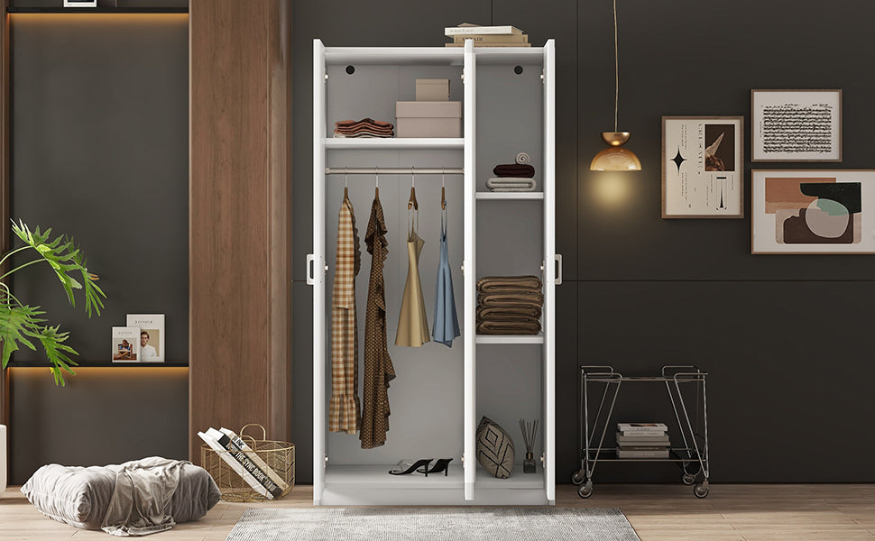 3 Door Wardrobe with Mirror, Armoire with Hanging Rod and 3 Fixed Shelves,White - Korvel