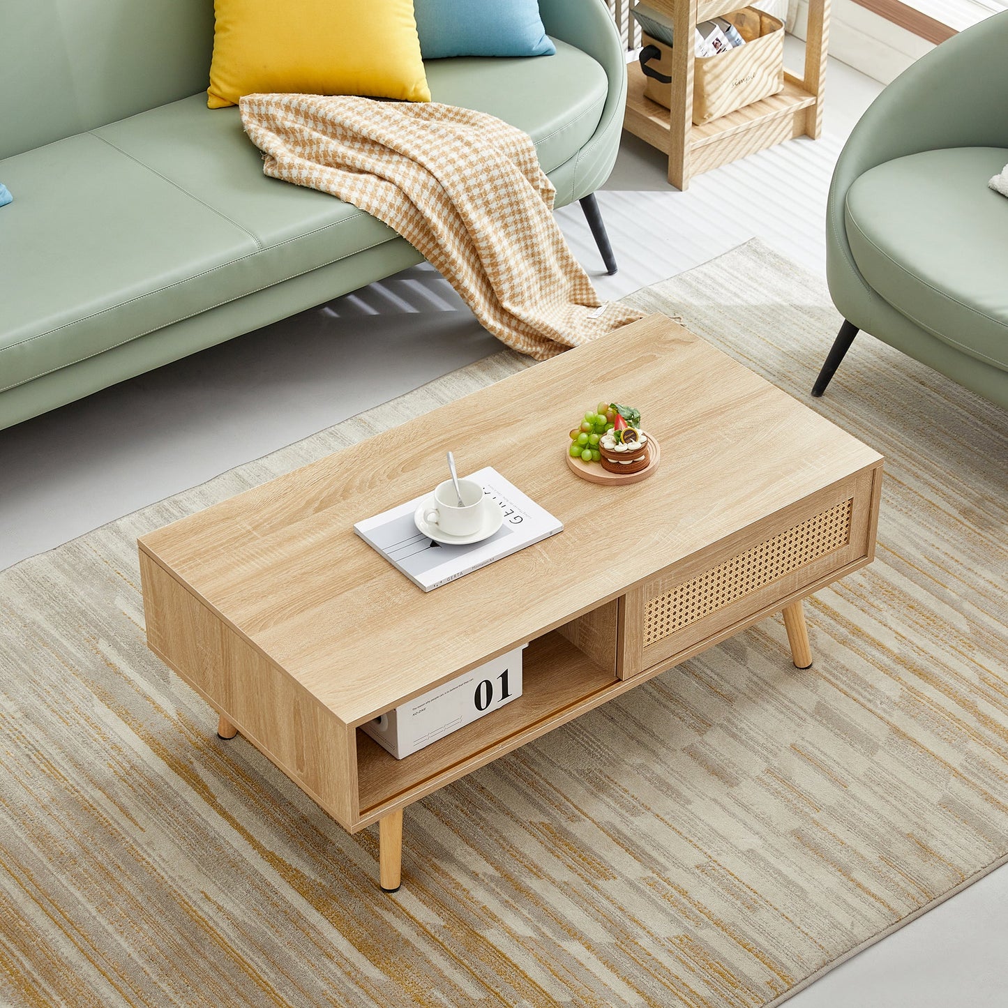41.34" Modern Rattan Coffee Table with Sliding Door Storage