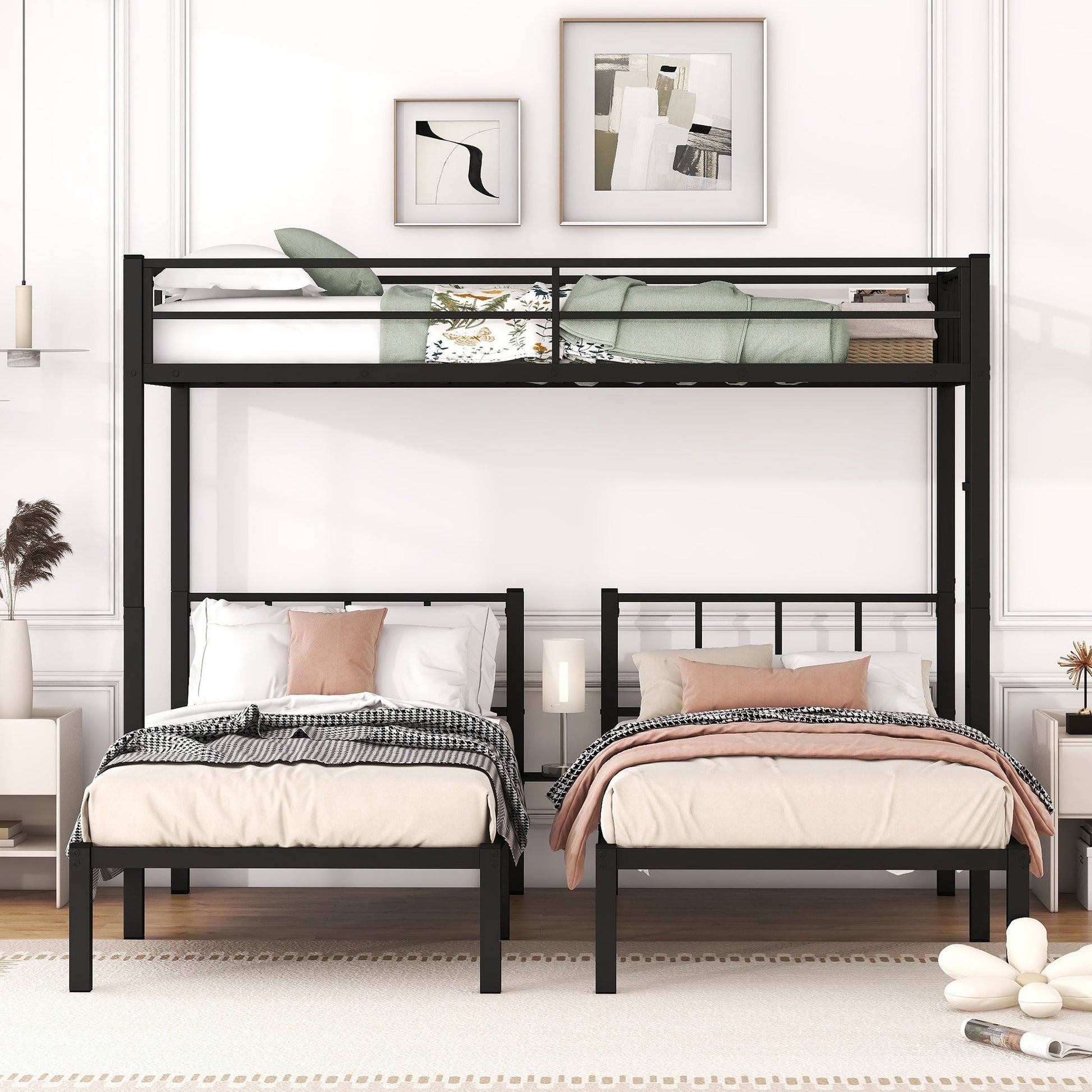 Twin over Twin & Twin Bunk Beds for 3, Twin XL over Twin & Twin Bunk Bed Metal Triple Bunk Bed, Black - Korvel