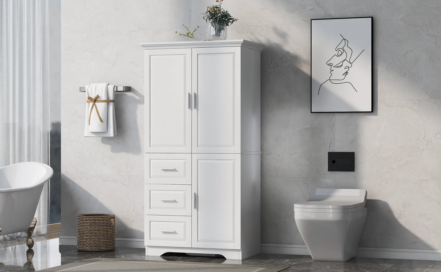 Tall and Wide Storage Cabinet with Doors for Bathroom/Office, Three Drawers, White - Korvel
