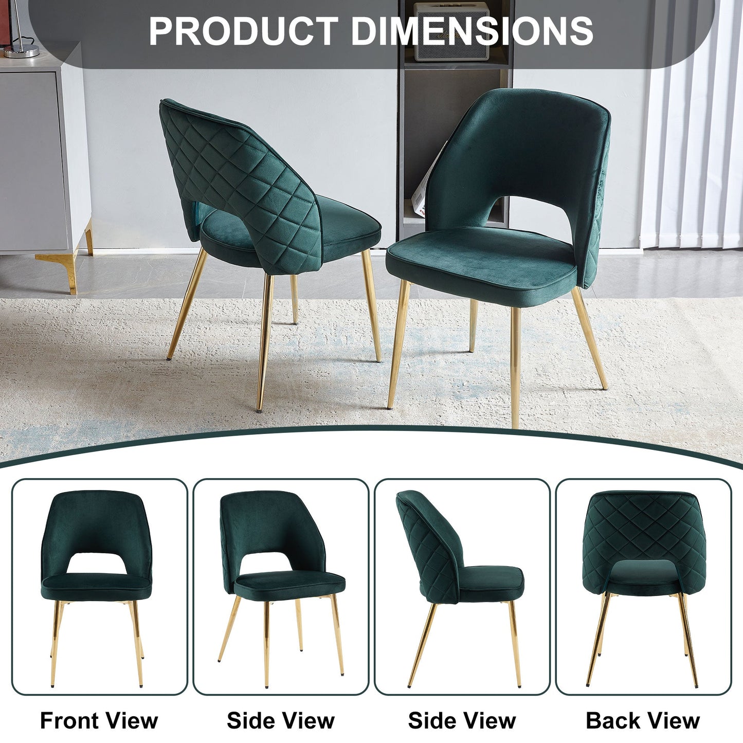 Dark Green Velvet Dining Chairs with Metal Legs and Hollow Back Upholstered Dining Chairs Set of 4 - Korvel