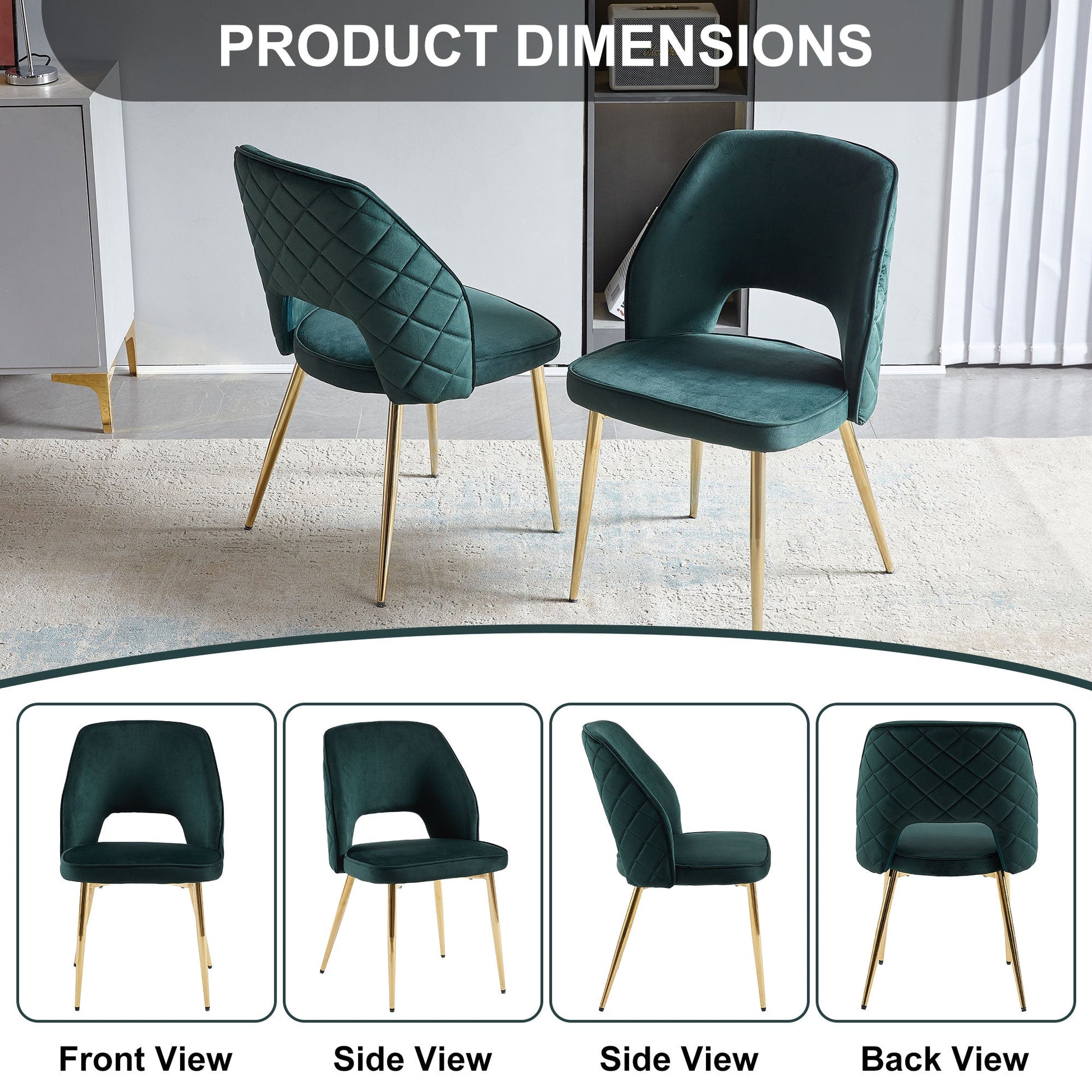 Dark Green Velvet Dining Chairs with Metal Legs and Hollow Back Upholstered Dining Chairs Set of 4 - Korvel