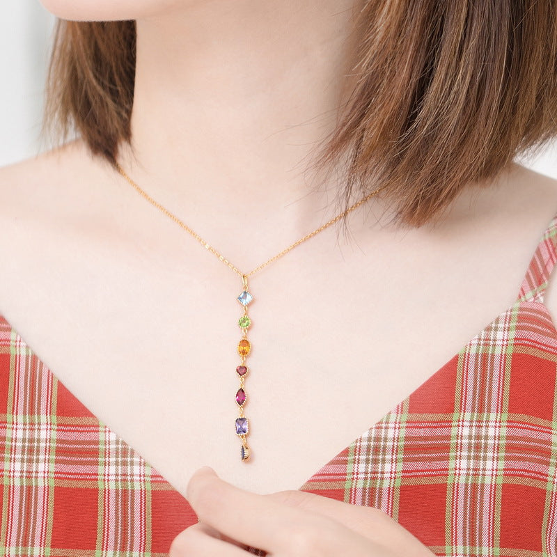 Light luxury rainbow zircon geometric 925 sterling silver gold-plated pendant - Korvel
