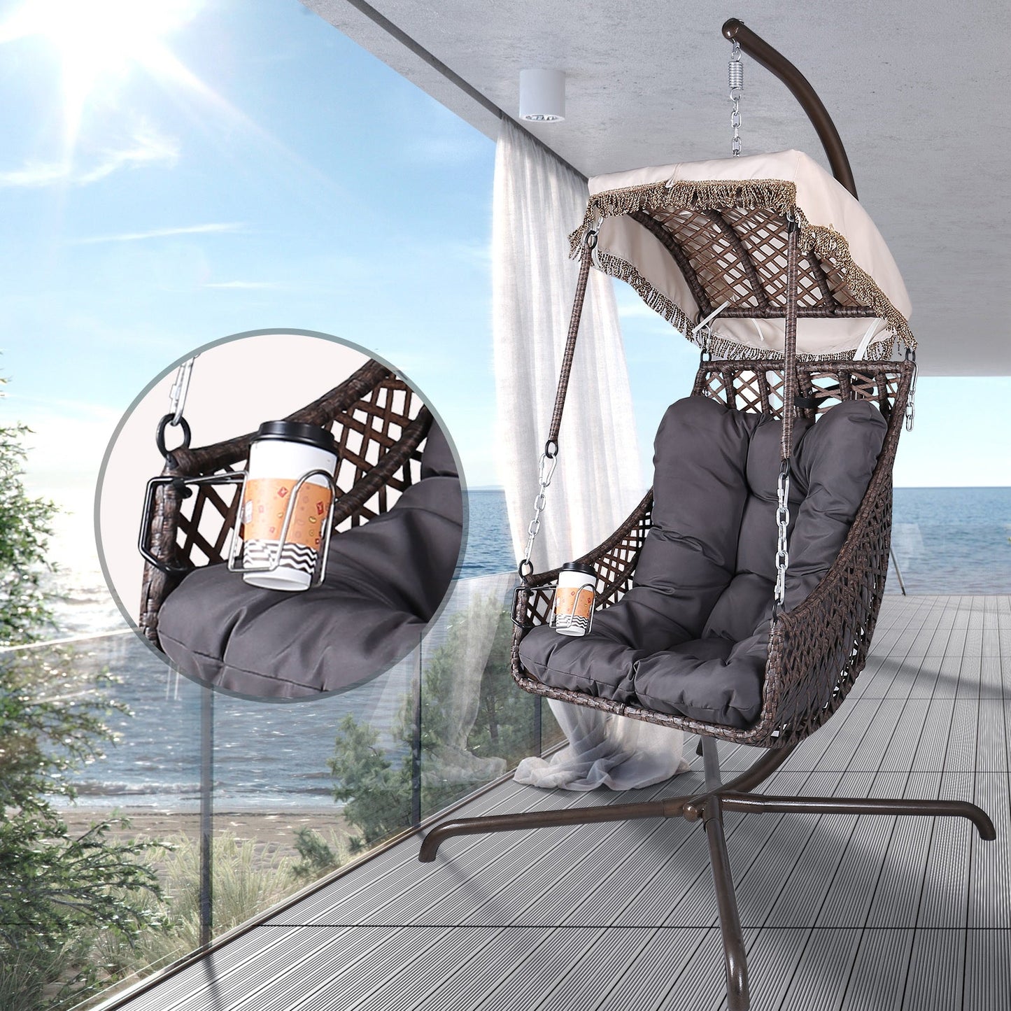 Swing Egg Chair with Stand Indoor Outdoor Wicker Rattan Frame 350lbs Capacity Hammock Chair - Korvel