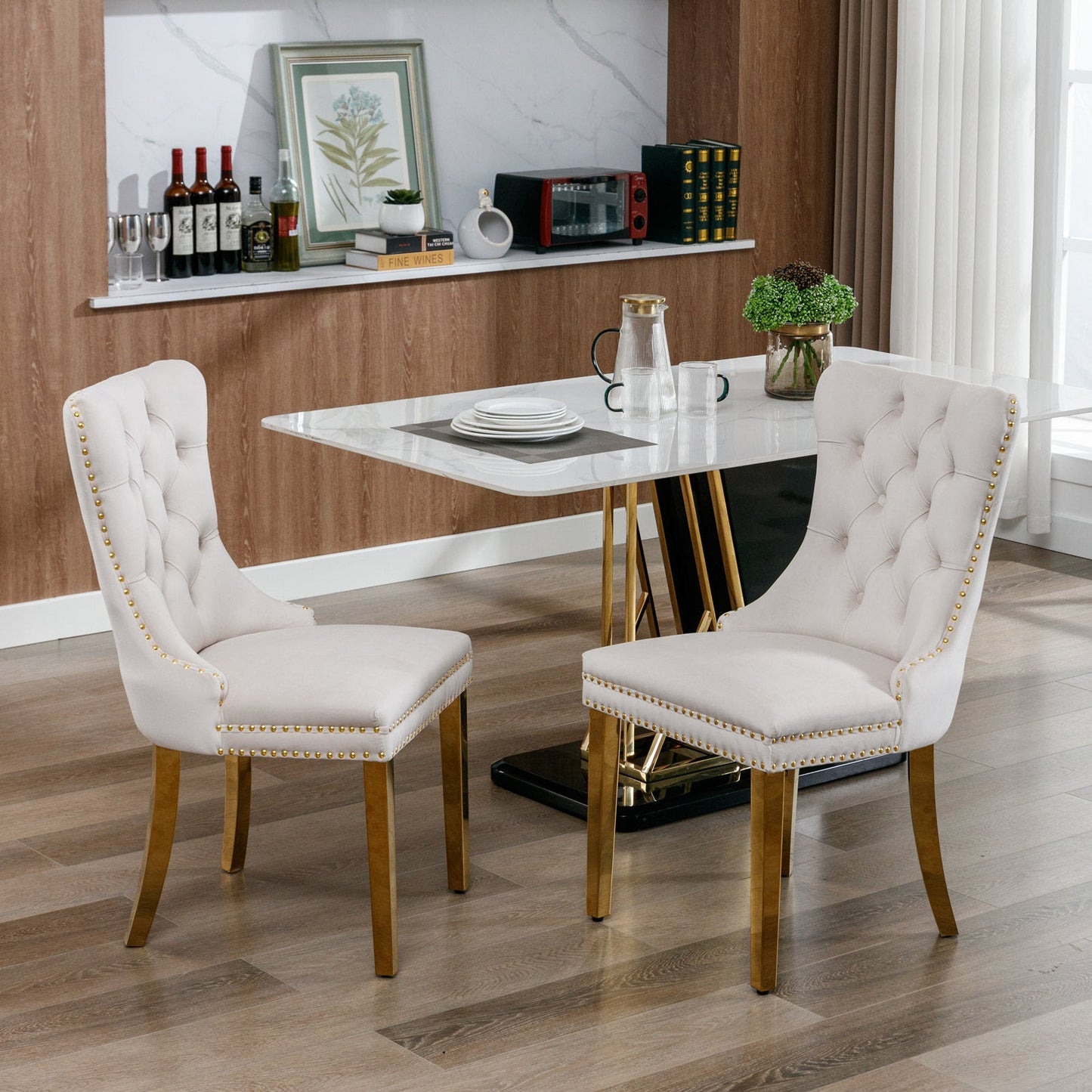 Tufted solid wood velvet soft cushion dining chair gold stainless steel plated leg nail head set of 2 pieces beige and gold - Korvel