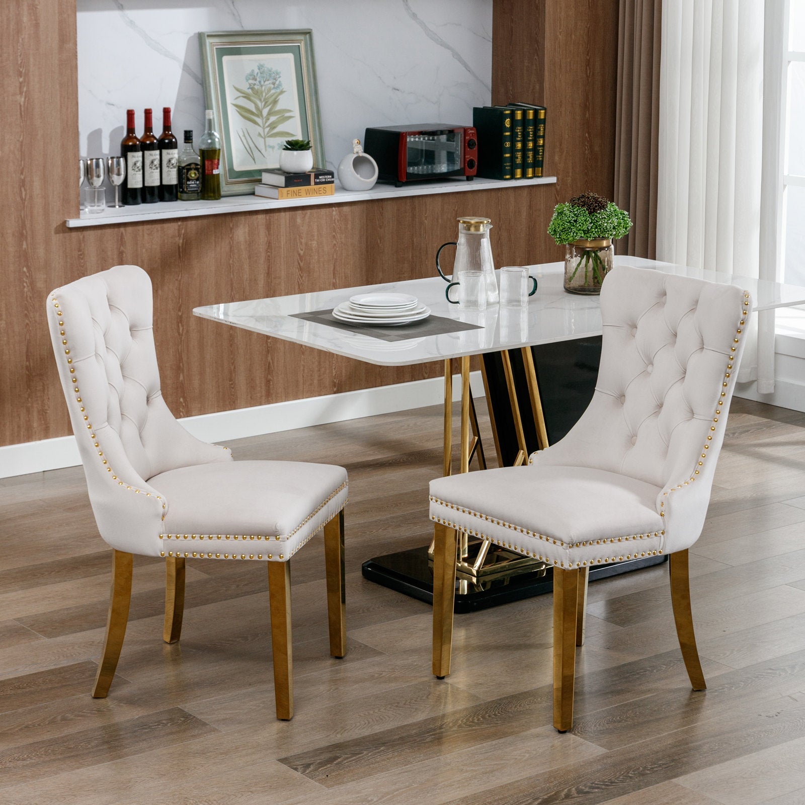 Tufted solid wood velvet soft cushion dining chair gold stainless steel plated leg nail head set of 2 pieces beige and gold - Korvel