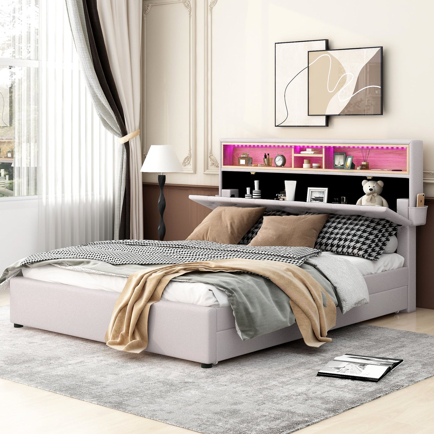 Queen Size Upholstered Platform Bed with Storage Headboard  LED  USB Charging and 2 Drawers  Beige - Korvel