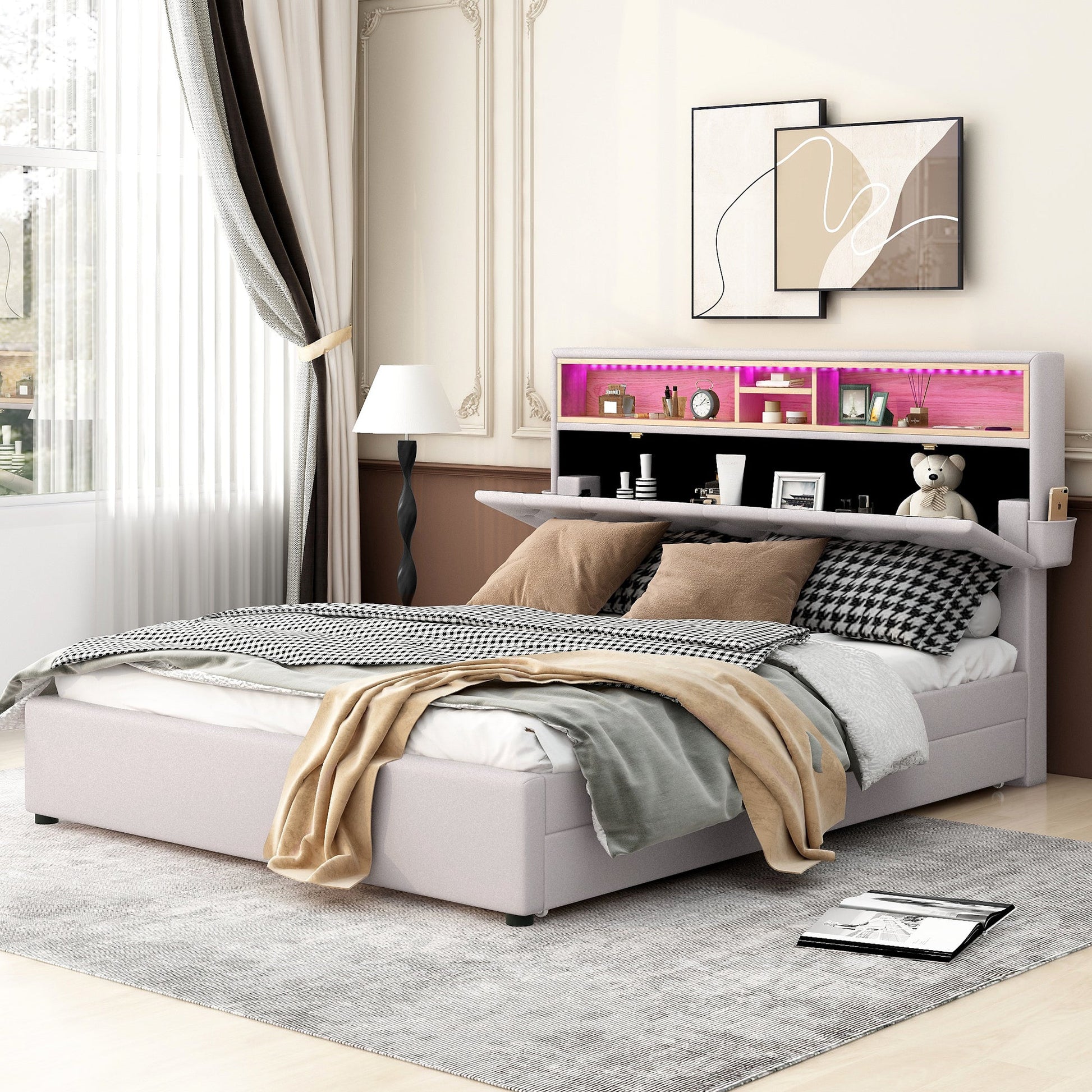 Queen Size Upholstered Platform Bed with Storage Headboard  LED  USB Charging and 2 Drawers  Beige - Korvel