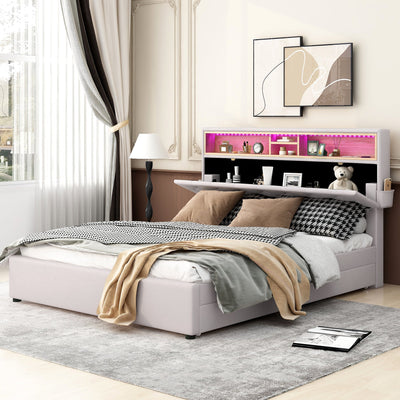Queen Size Upholstered Platform Bed with Storage Headboard  LED  USB Charging and 2 Drawers  Beige - Korvel