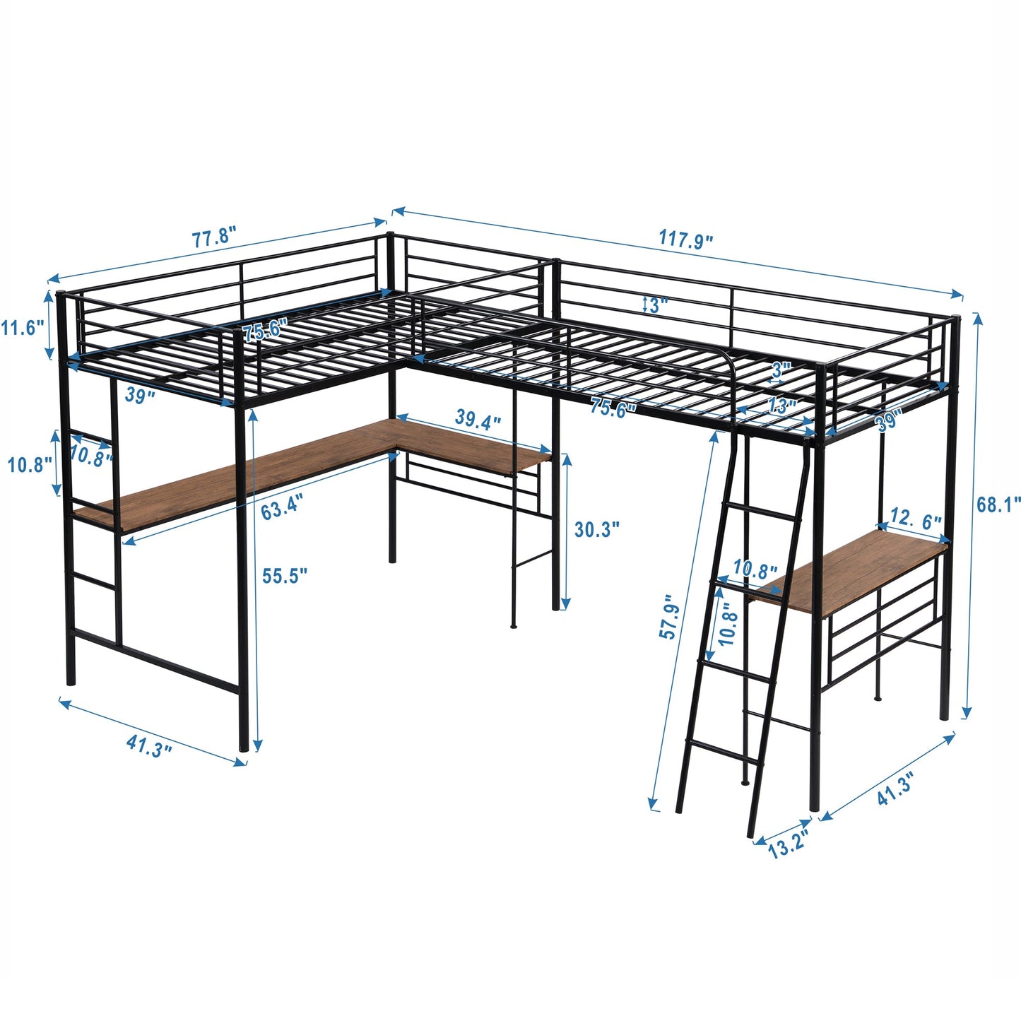 Twin Size Metal Loft Bed with Two Built-in Desks Black - Korvel